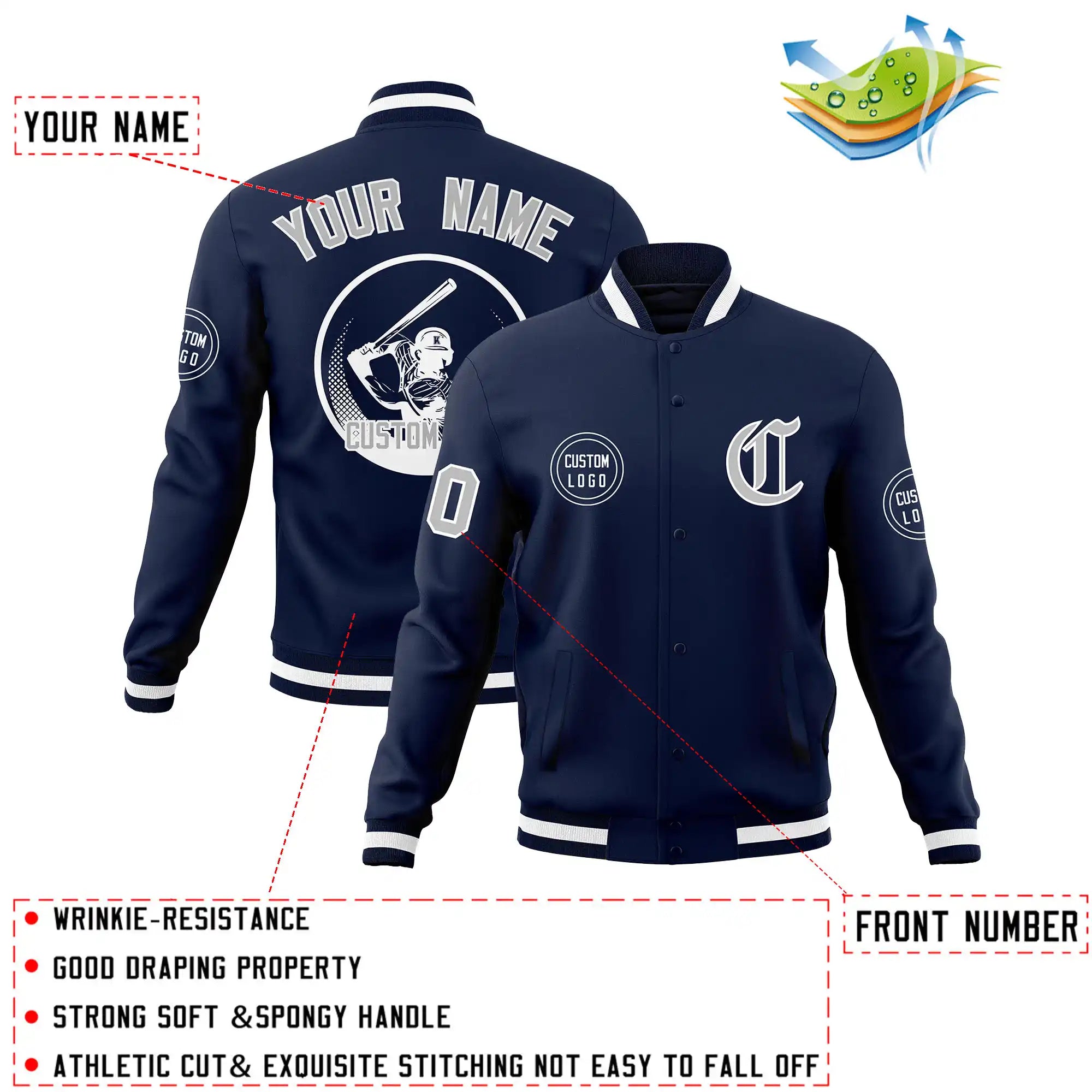 Custom Navy Navy-White Bomber Full-Snap Varsity Letterman Jacket