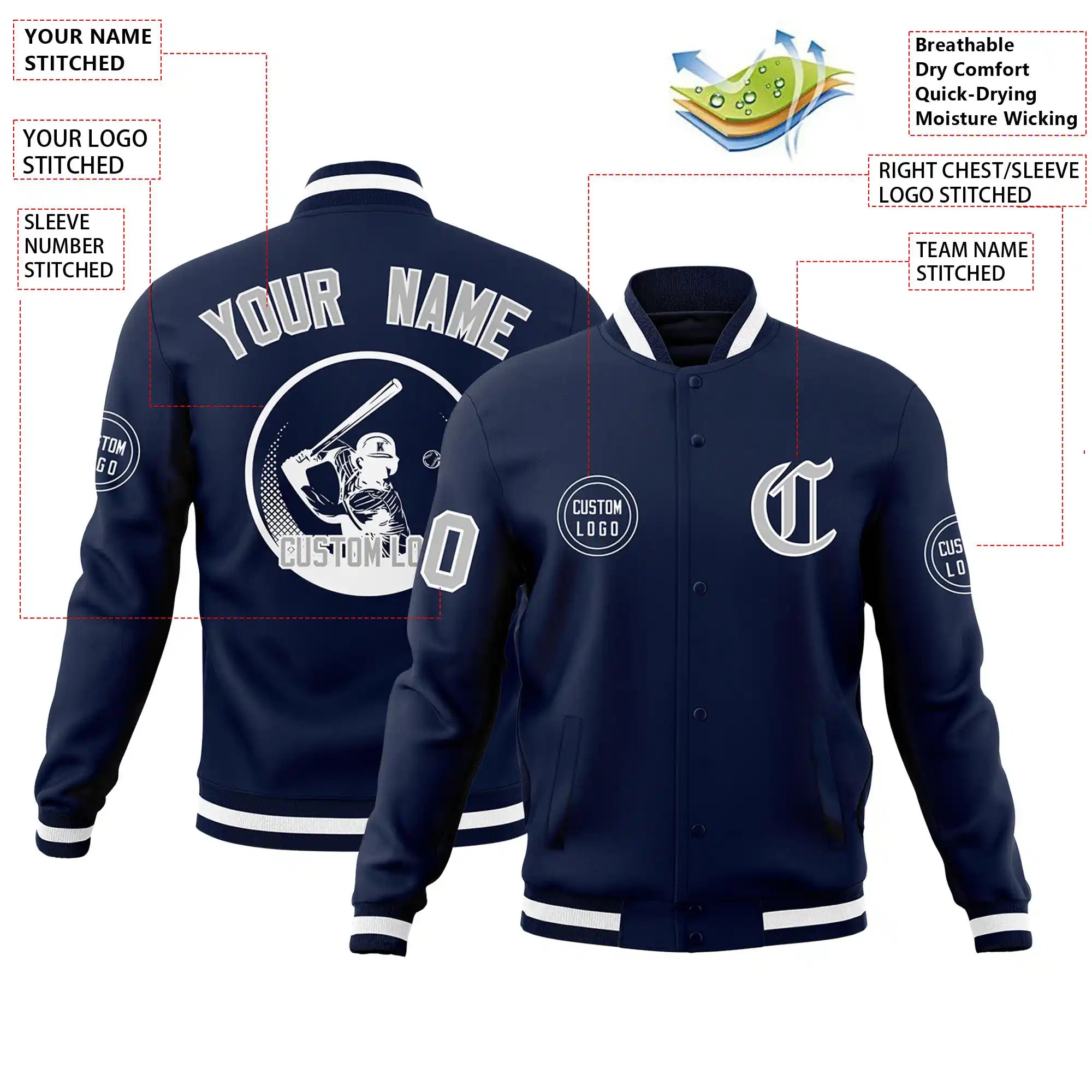 Custom Navy Navy-White Bomber Full-Snap Varsity Letterman Jacket