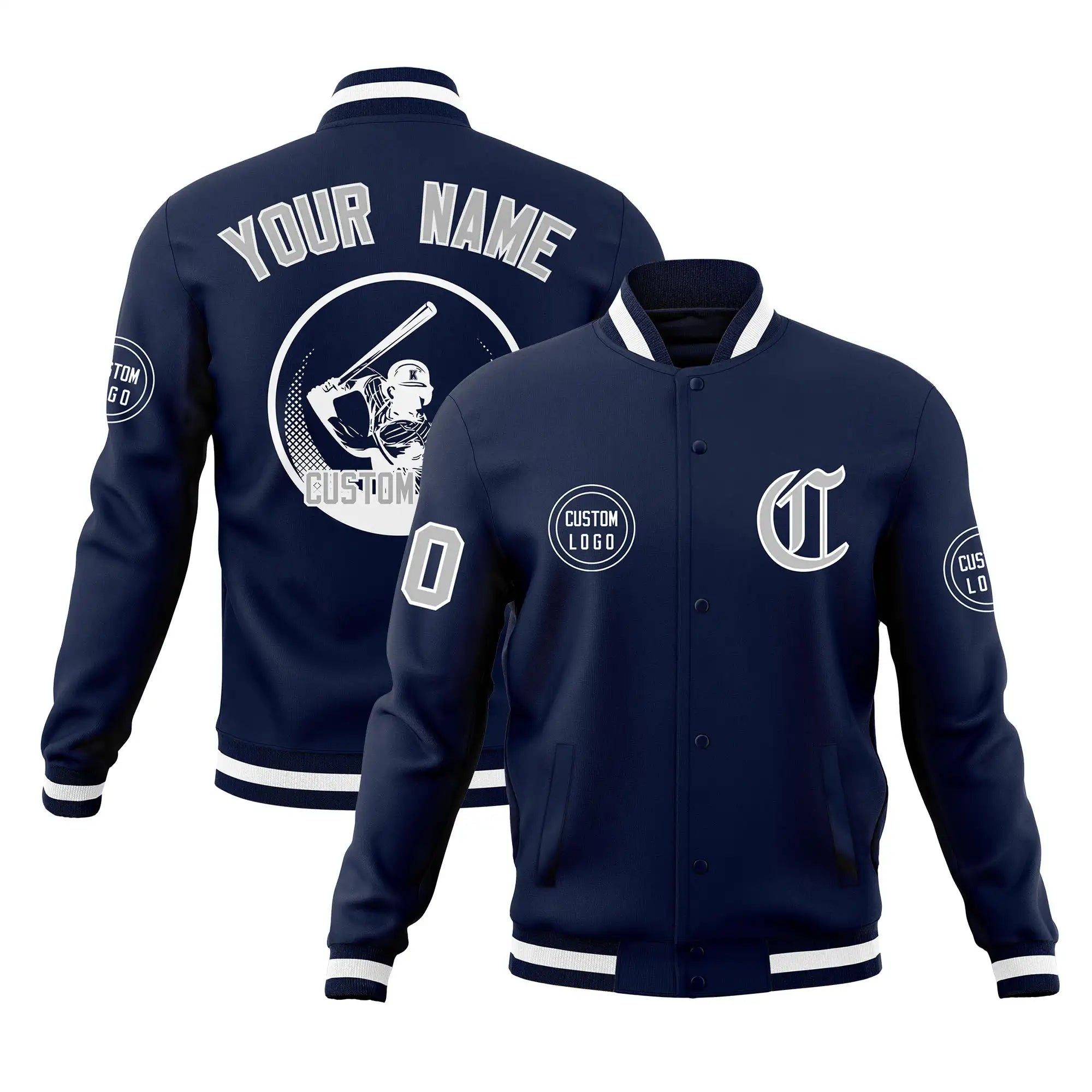 Custom Navy Navy-White Bomber Full-Snap Varsity Letterman Jacket