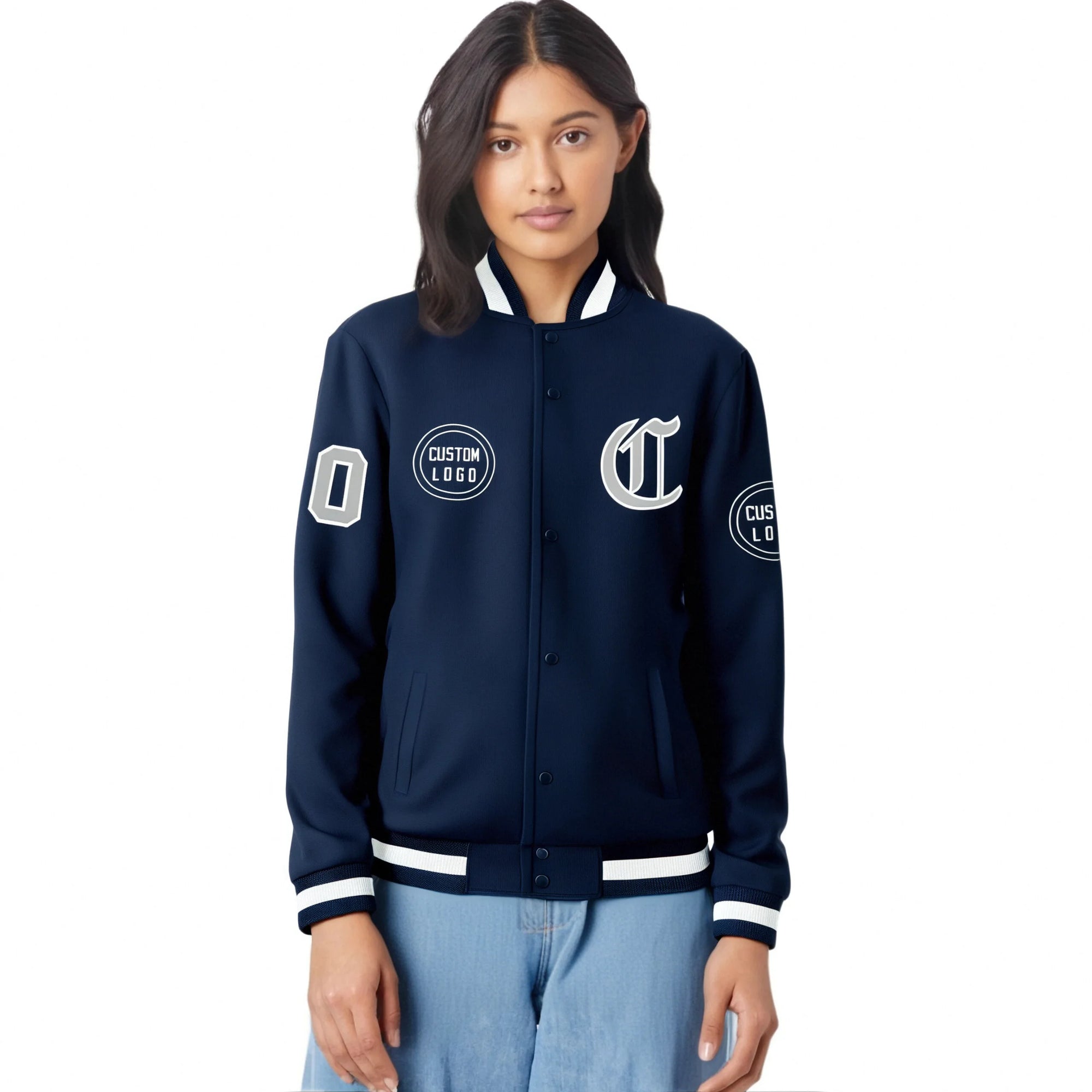 Custom Navy Navy-White Bomber Full-Snap Varsity Letterman Jacket