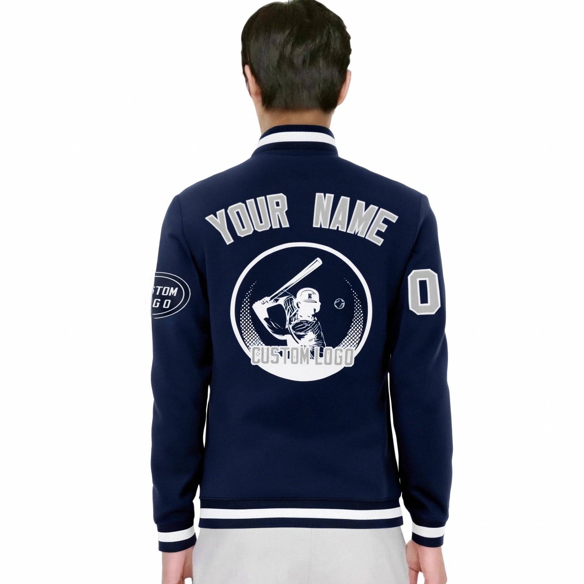 Custom Navy Navy-White Bomber Full-Snap Varsity Letterman Jacket