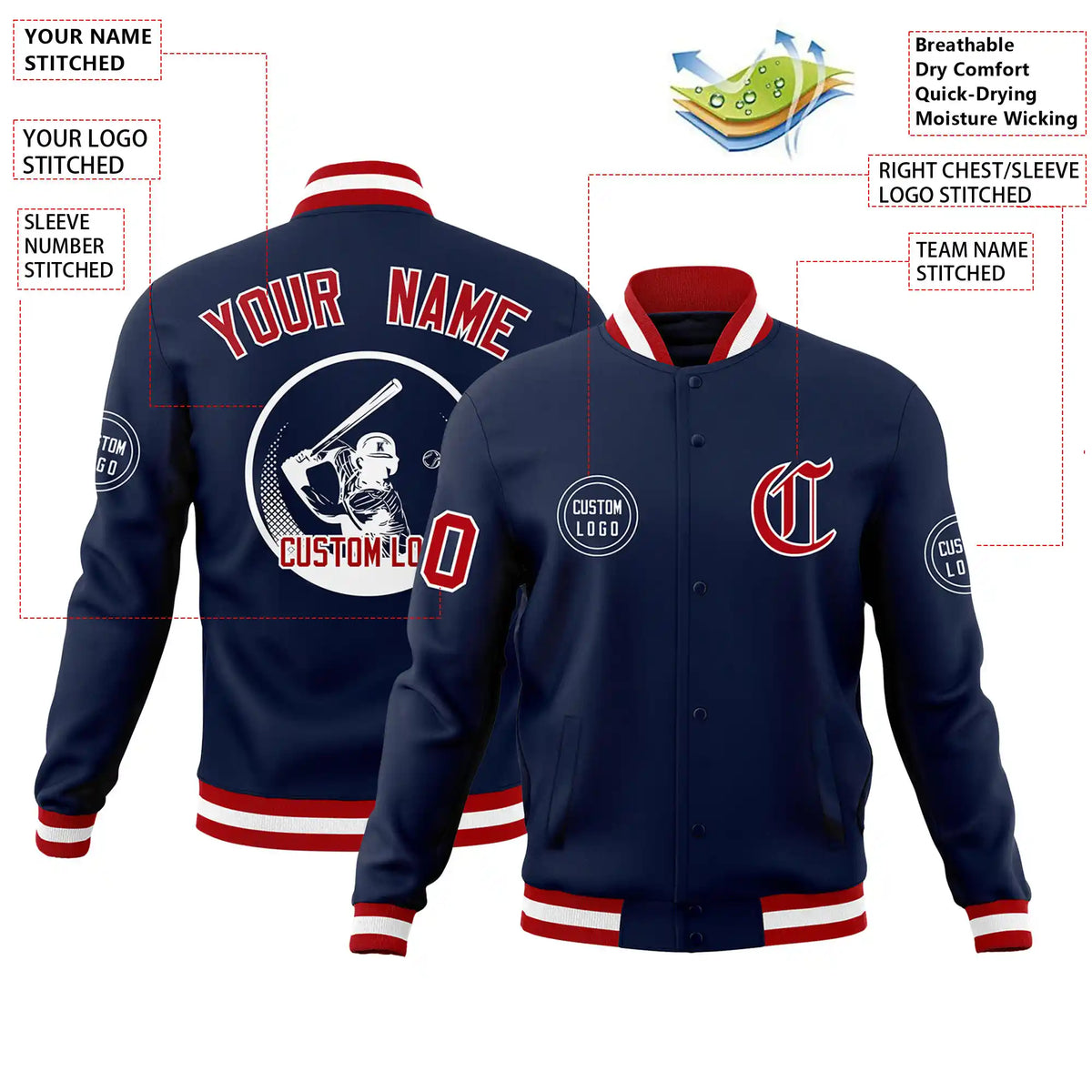 Custom Navy Red-White Bomber Full-Snap Varsity Letterman Jacket