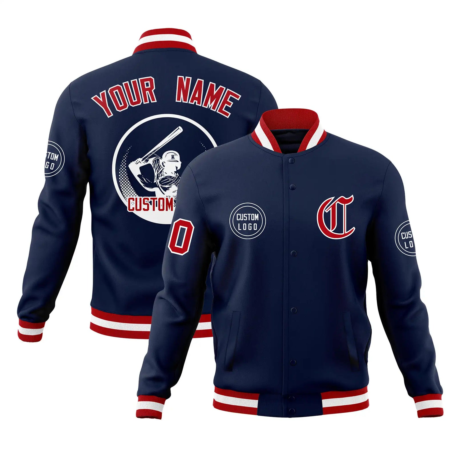 Custom Navy Red-White Bomber Full-Snap Varsity Letterman Jacket