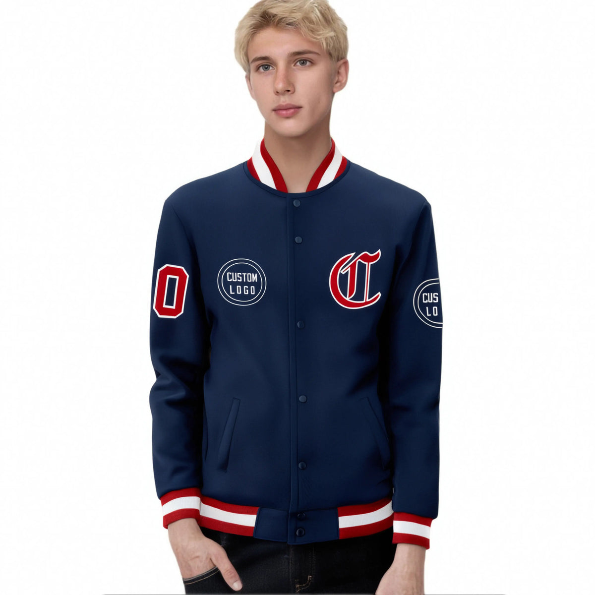 Custom Navy Red-White Bomber Full-Snap Varsity Letterman Jacket