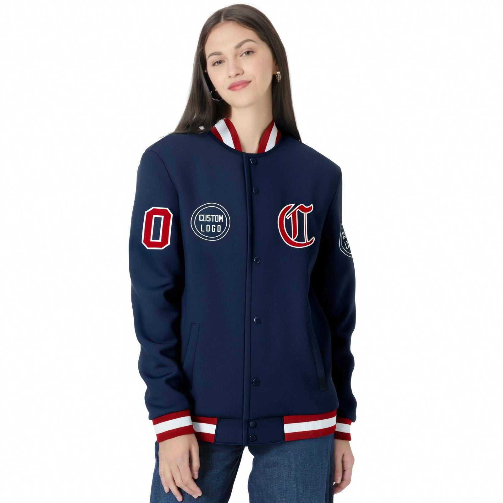 Custom Navy Red-White Bomber Full-Snap Varsity Letterman Jacket
