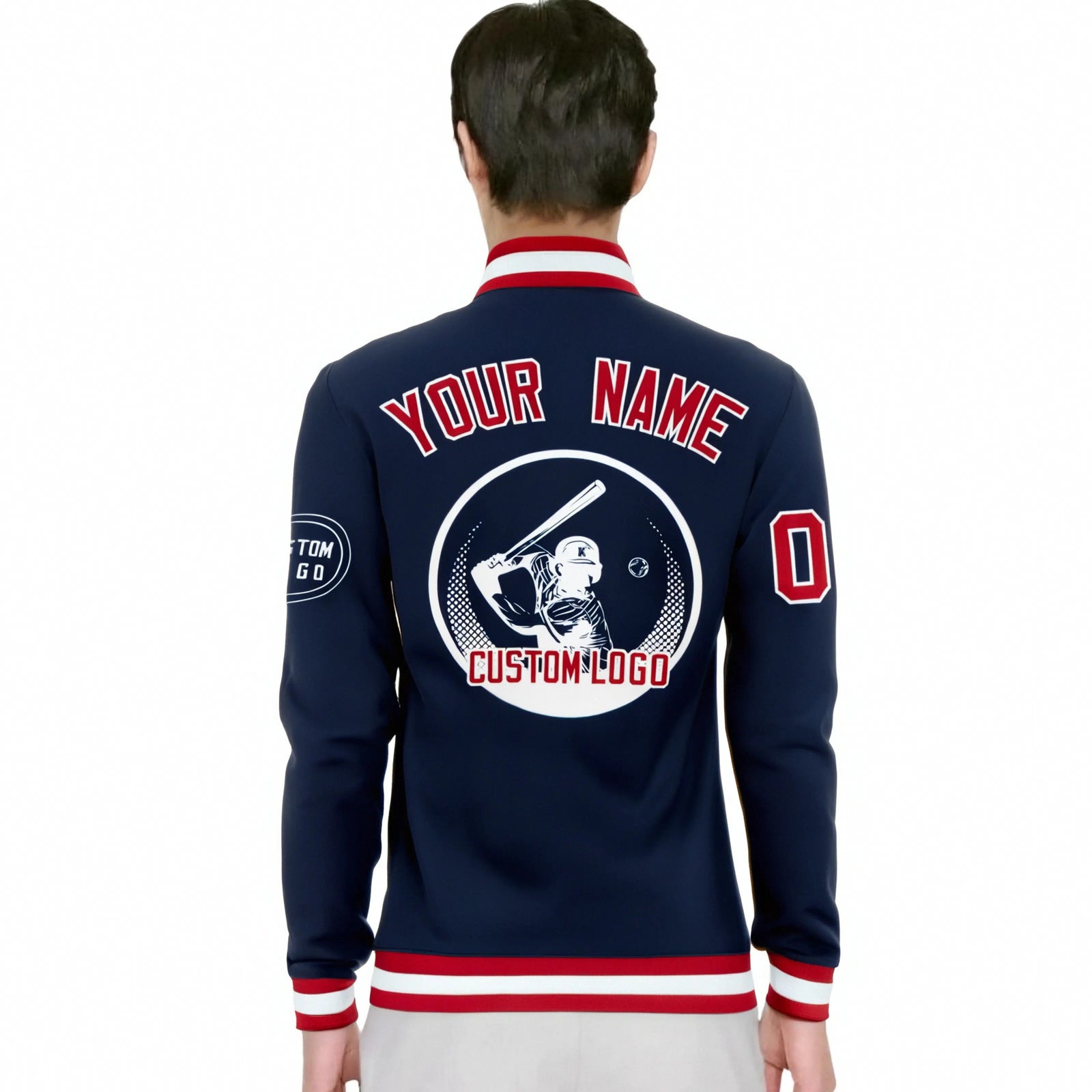 Custom Navy Red-White Bomber Full-Snap Varsity Letterman Jacket
