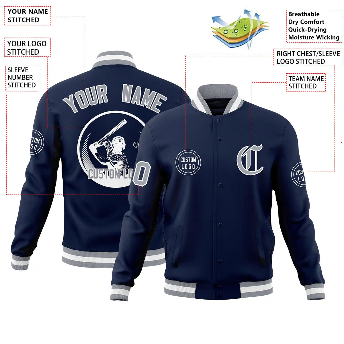 Custom Navy Gray-White Bomber Full-Snap Varsity Letterman Jacket