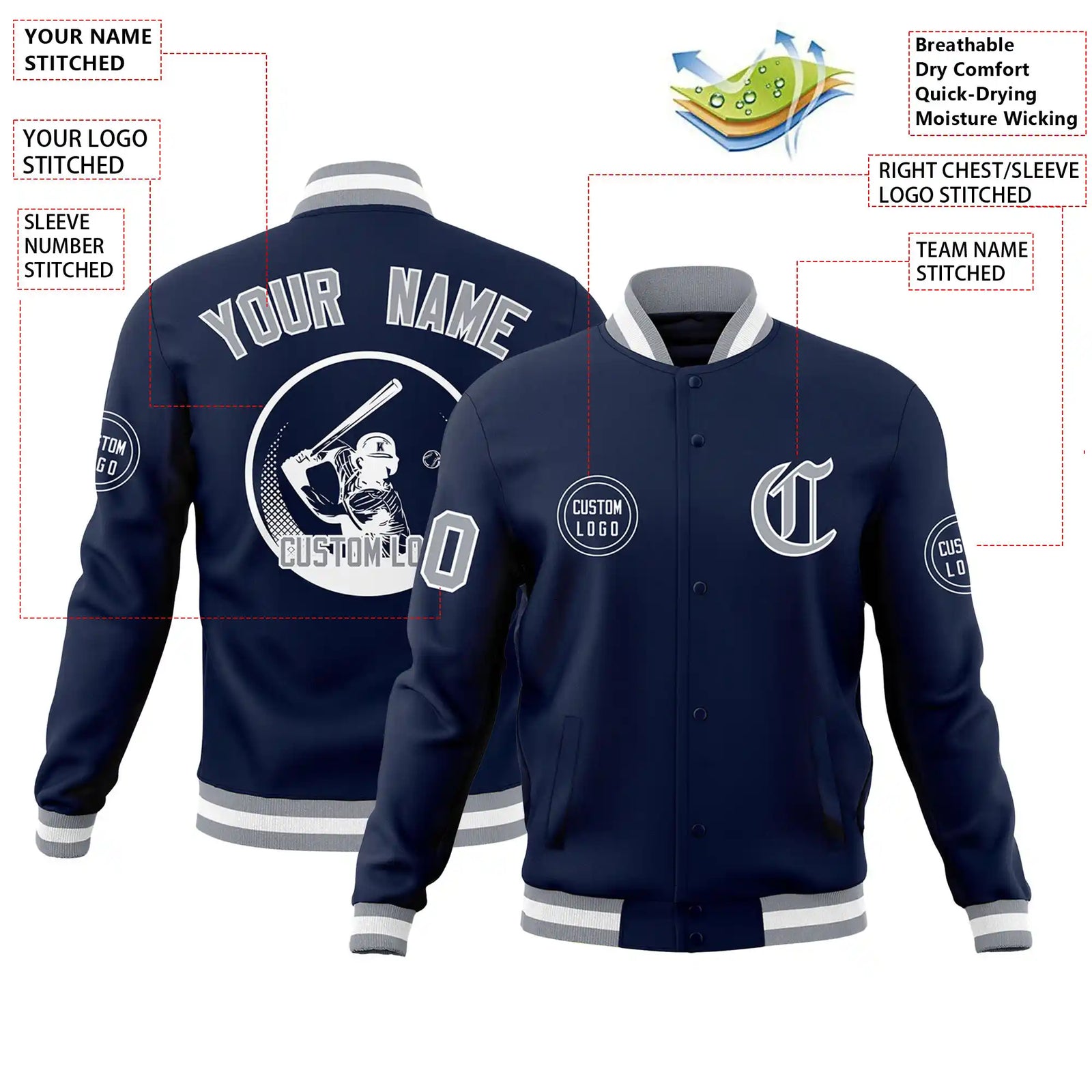 Custom Navy Gray-White Bomber Full-Snap Varsity Letterman Jacket