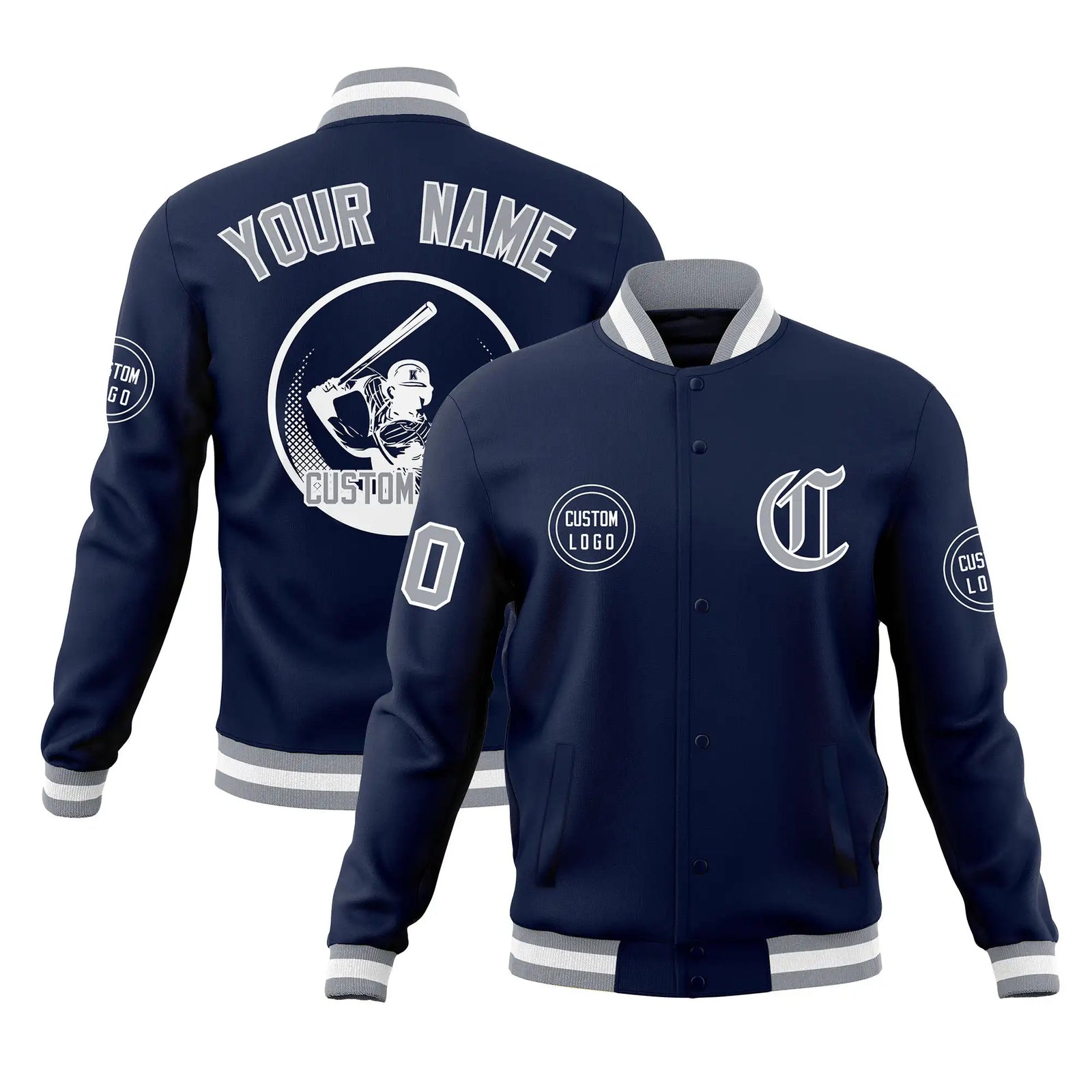 Custom Navy Gray-White Bomber Full-Snap Varsity Letterman Jacket