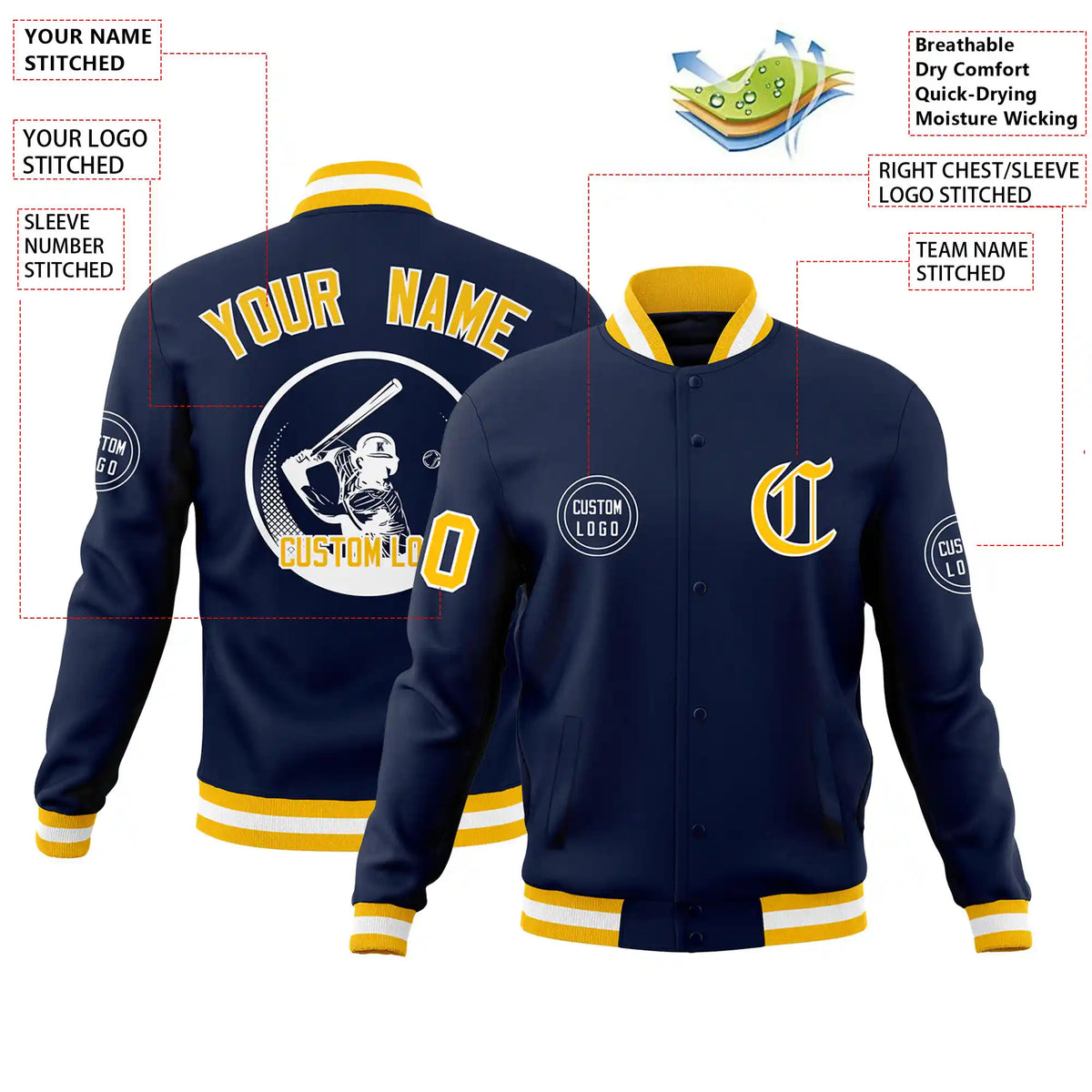 Custom Navy Yellow-White Bomber Full-Snap Varsity Letterman Jacket