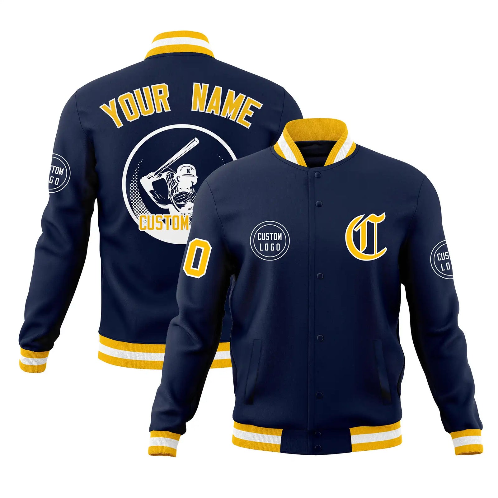 Custom Navy Yellow-White Bomber Full-Snap Varsity Letterman Jacket
