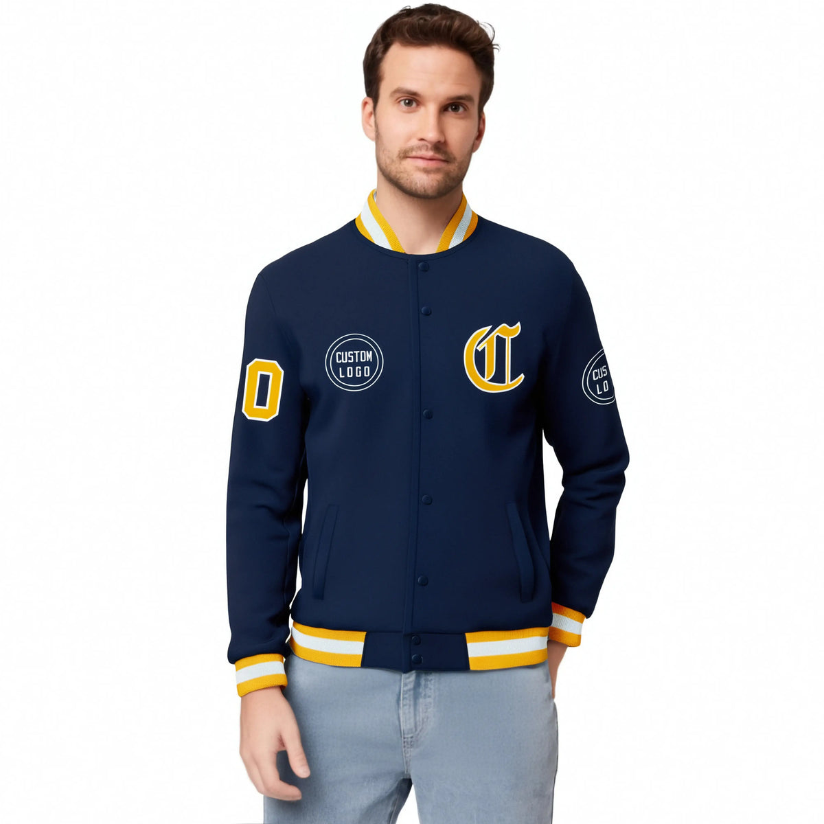 Custom Navy Yellow-White Bomber Full-Snap Varsity Letterman Jacket