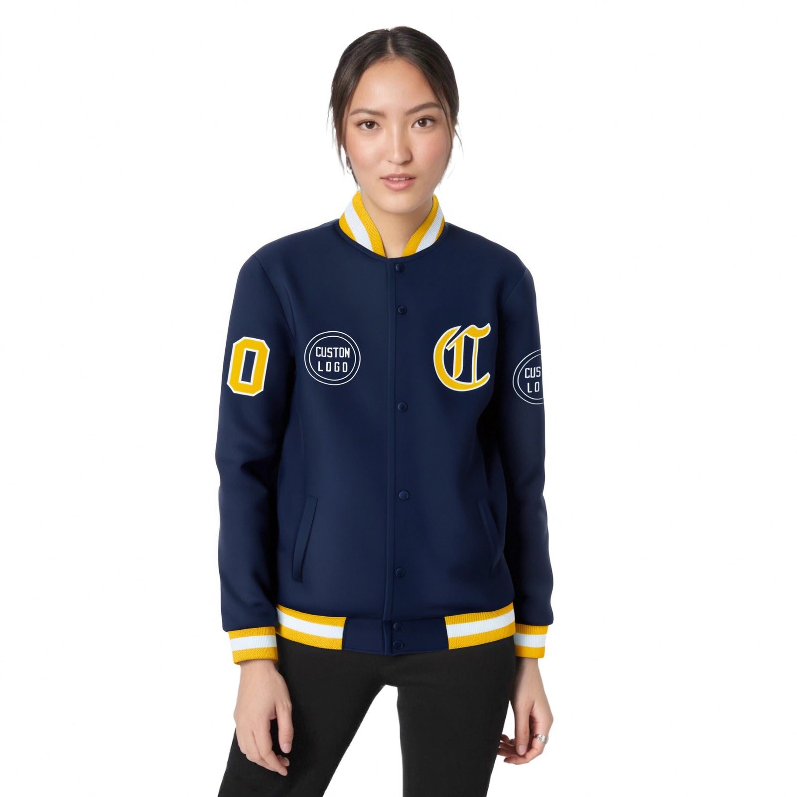 Custom Navy Yellow-White Bomber Full-Snap Varsity Letterman Jacket