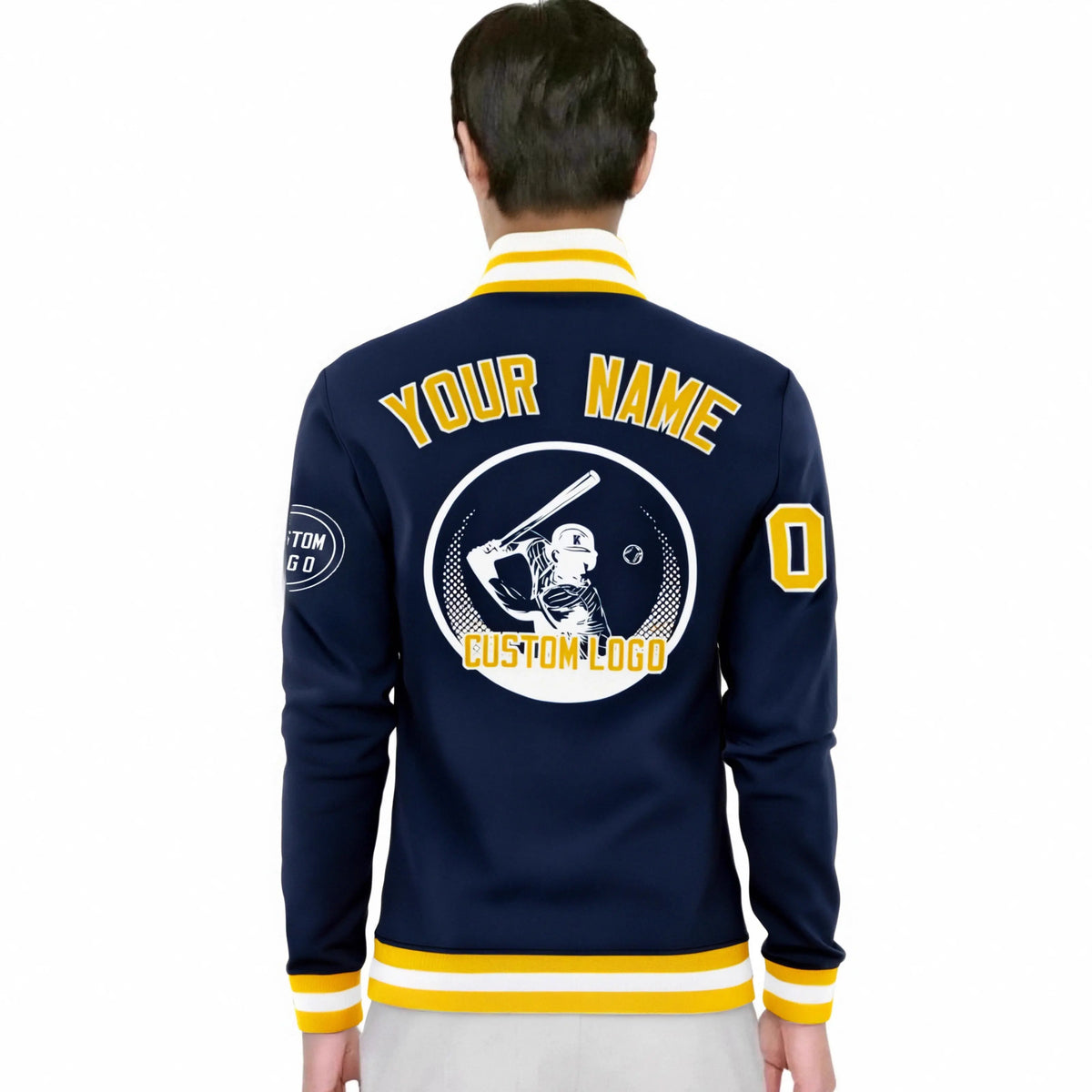 Custom Navy Yellow-White Bomber Full-Snap Varsity Letterman Jacket