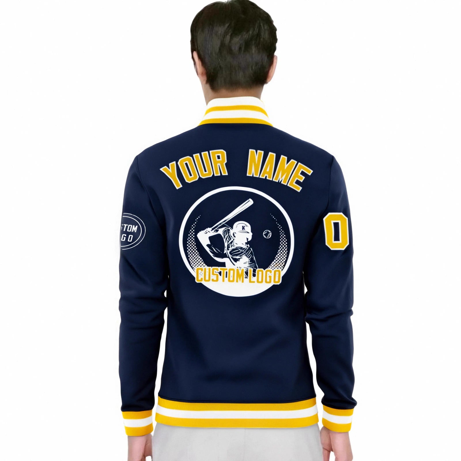Custom Navy Yellow-White Bomber Full-Snap Varsity Letterman Jacket