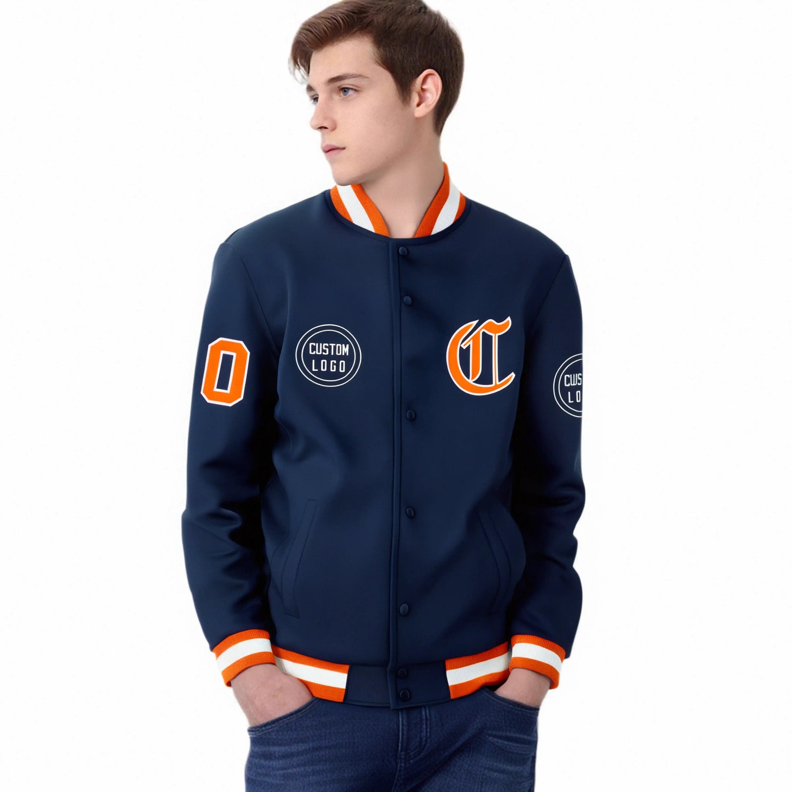Custom Navy Orange-White Bomber Full-Snap Varsity Letterman Jacket