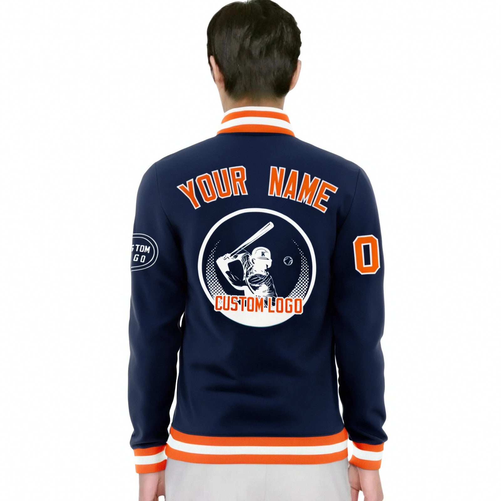 Custom Navy Orange-White Bomber Full-Snap Varsity Letterman Jacket