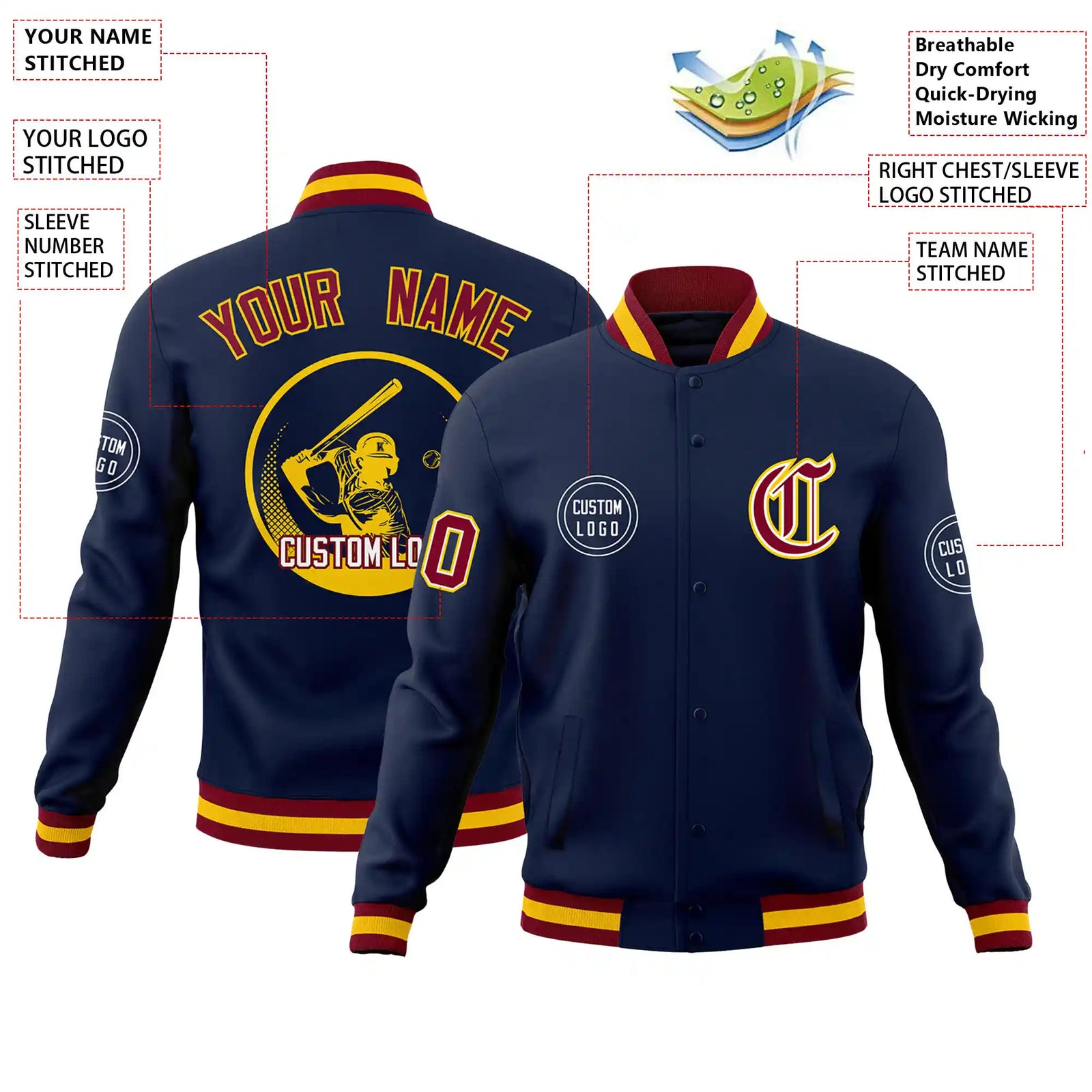 Custom Navy Crimson-Yellow Bomber Full-Snap Varsity Letterman Jacket