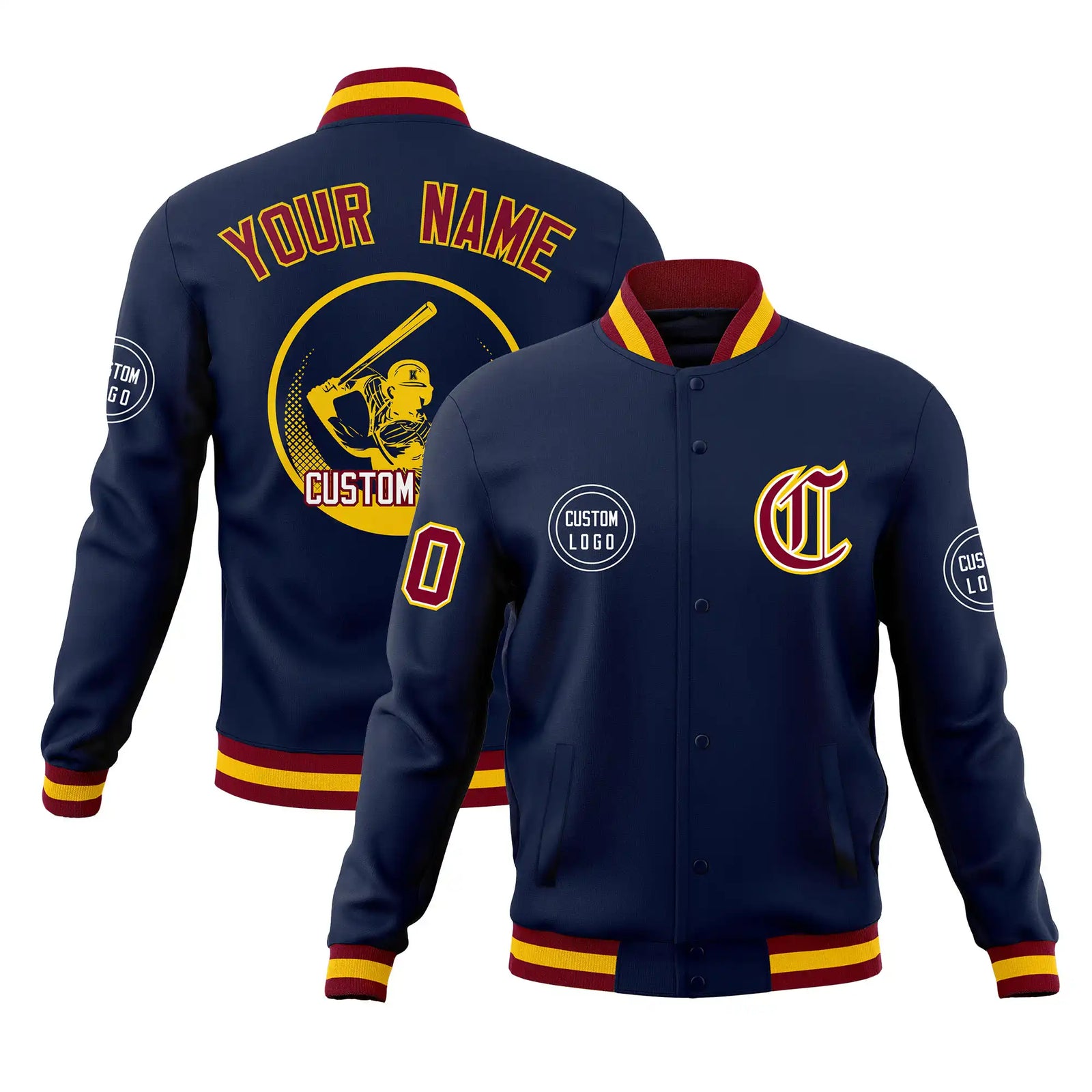 Custom Navy Crimson-Yellow Bomber Full-Snap Varsity Letterman Jacket