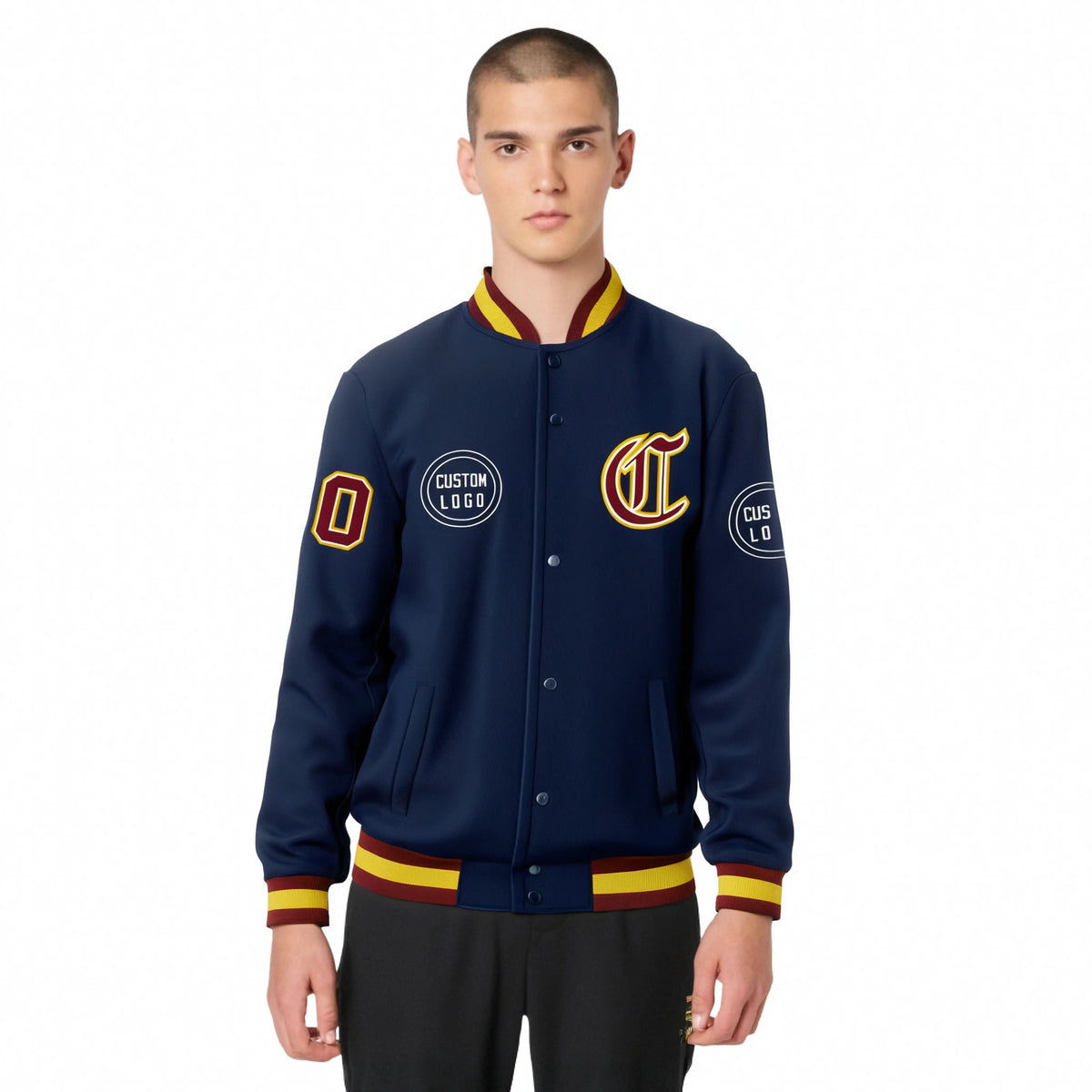 Custom Navy Crimson-Yellow Bomber Full-Snap Varsity Letterman Jacket
