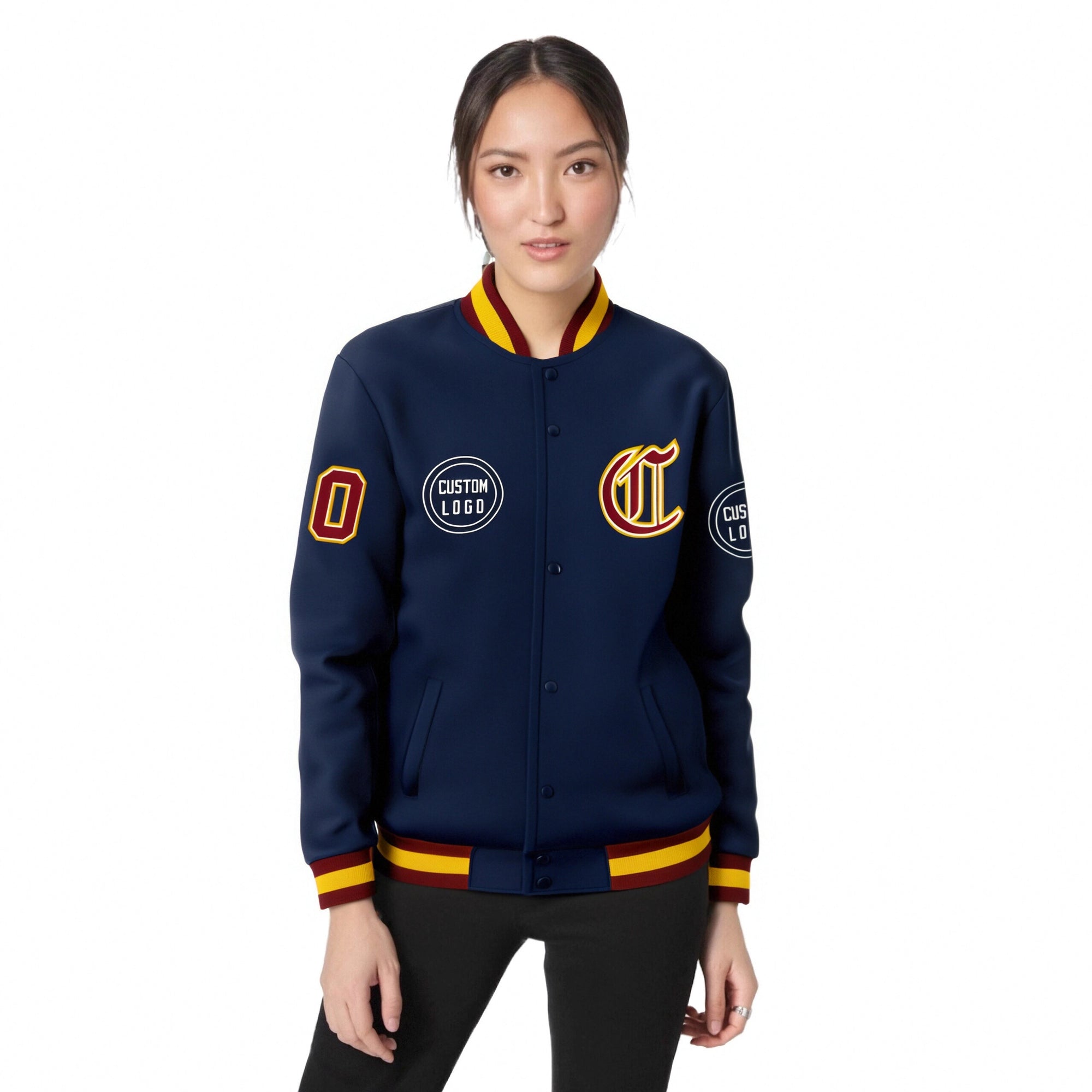 Custom Navy Crimson-Yellow Bomber Full-Snap Varsity Letterman Jacket