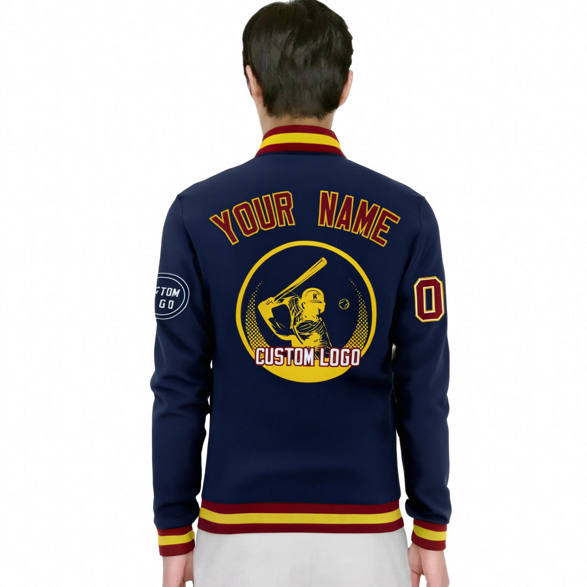 Custom Navy Crimson-Yellow Bomber Full-Snap Varsity Letterman Jacket