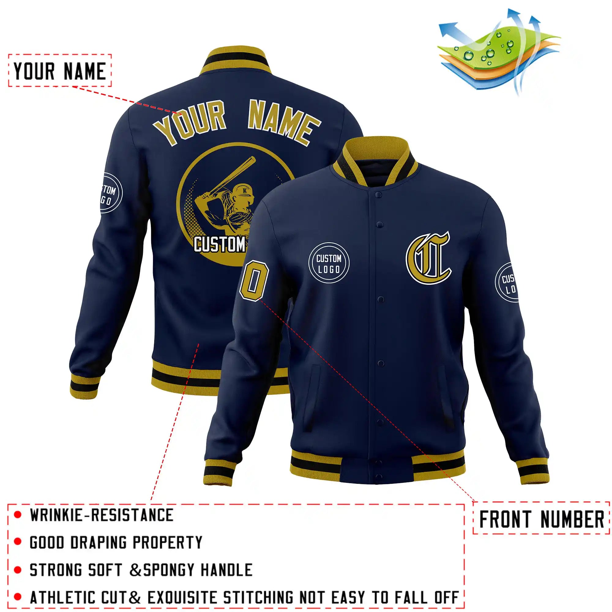 Custom Navy Old Gold-Navy Bomber Full-Snap Varsity Letterman Jacket