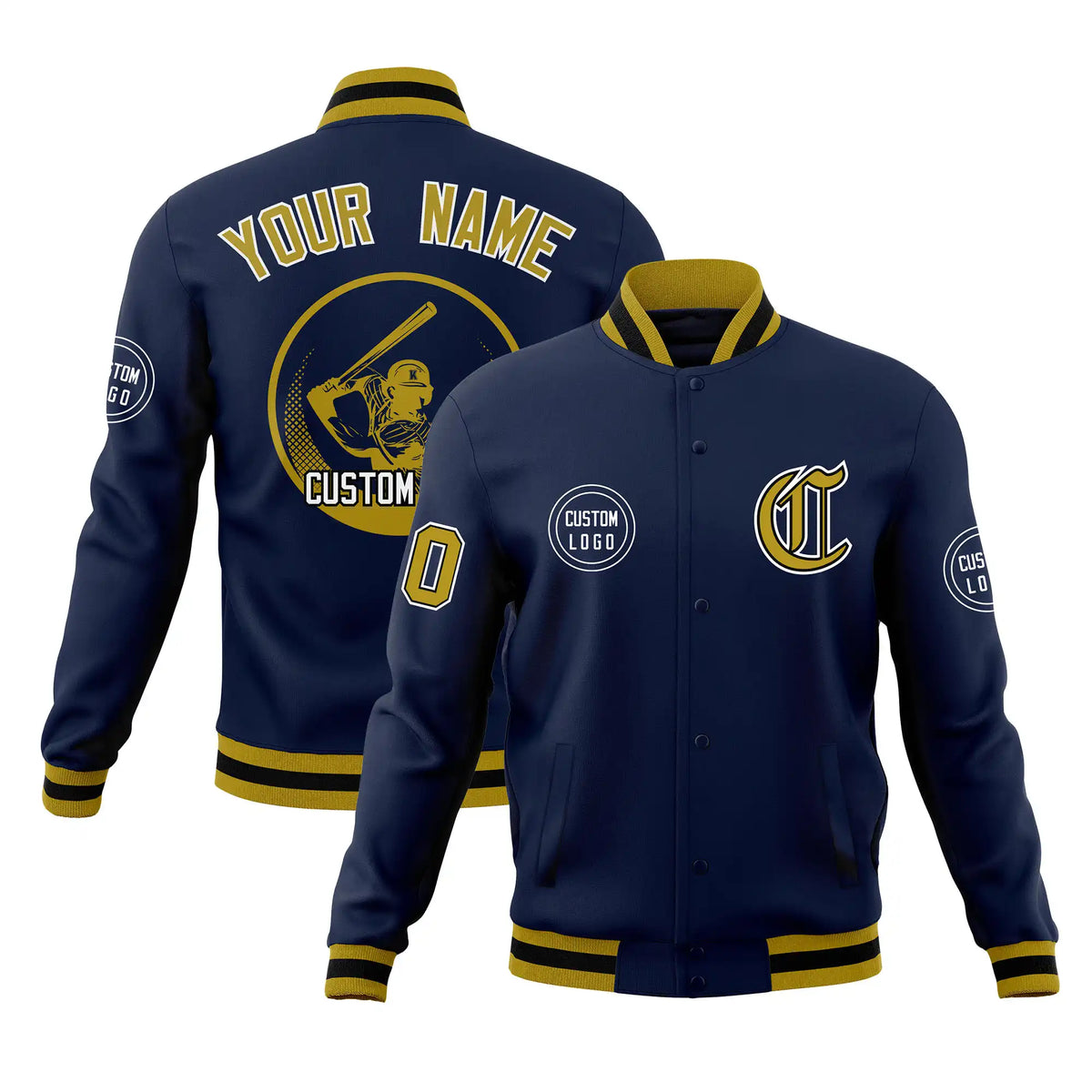 Custom Navy Old Gold-Navy Bomber Full-Snap Varsity Letterman Jacket