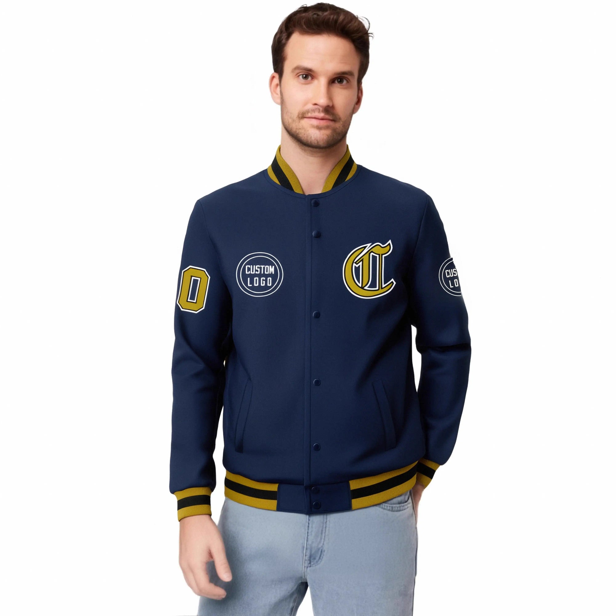 Custom Navy Old Gold-Navy Bomber Full-Snap Varsity Letterman Jacket