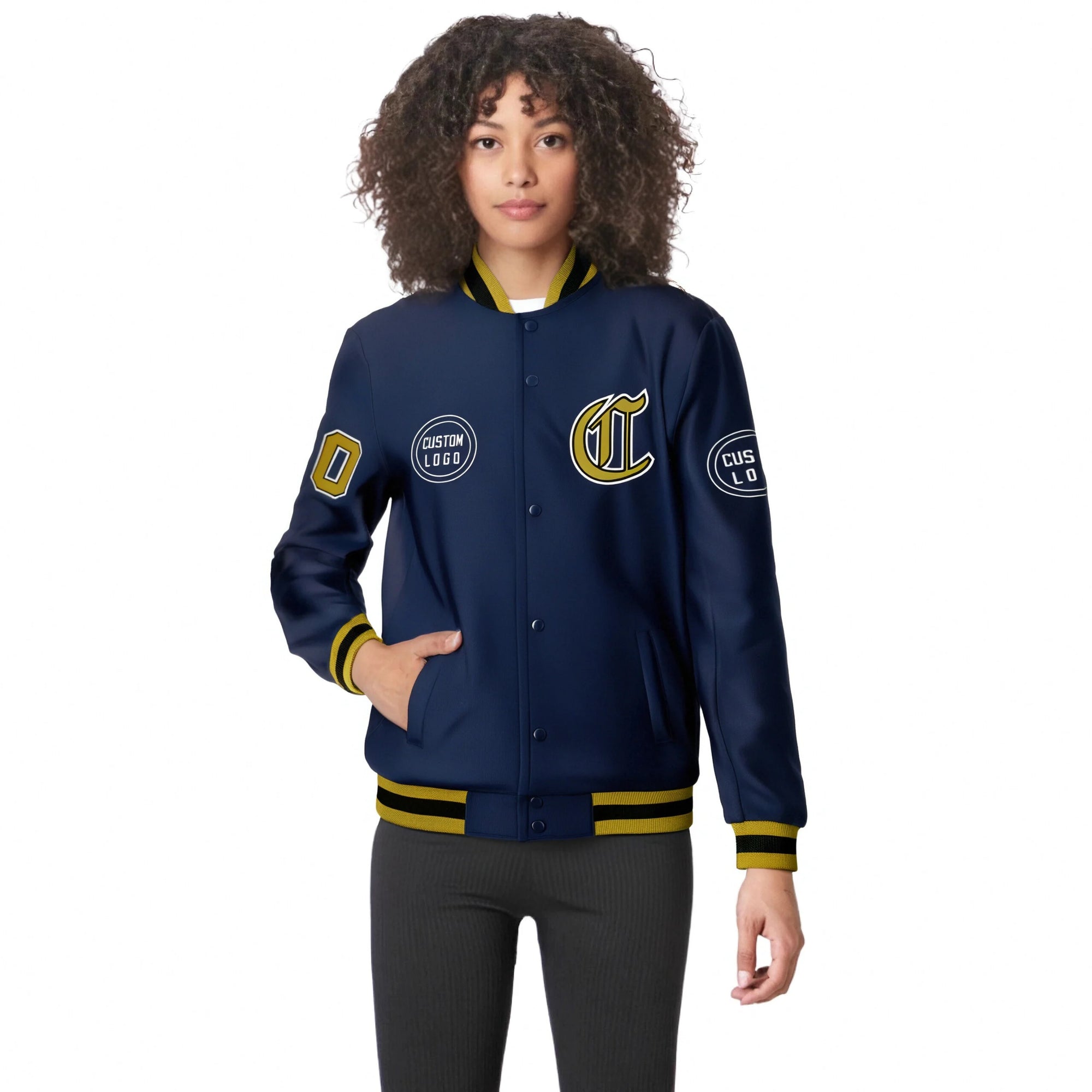 Custom Navy Old Gold-Navy Bomber Full-Snap Varsity Letterman Jacket