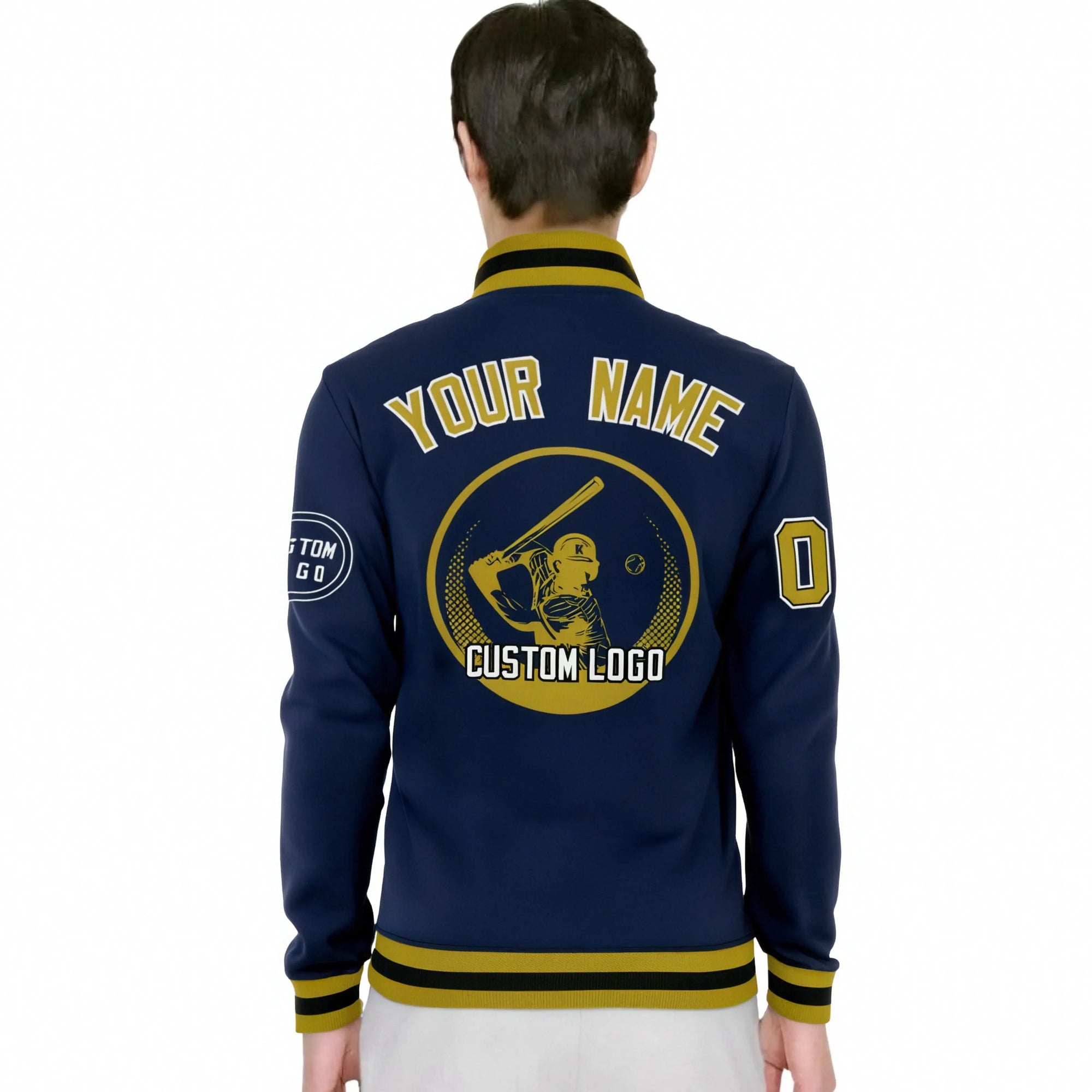 Custom Navy Old Gold-Navy Bomber Full-Snap Varsity Letterman Jacket