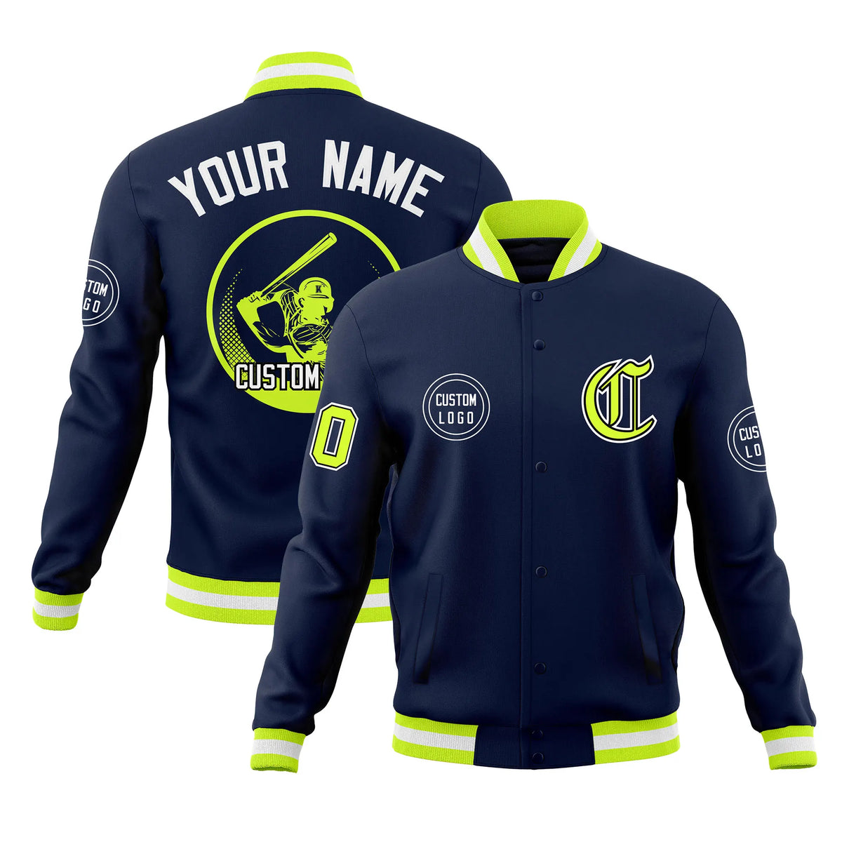 Custom Navy Neon Green-White Bomber Full-Snap Varsity Letterman Jacket