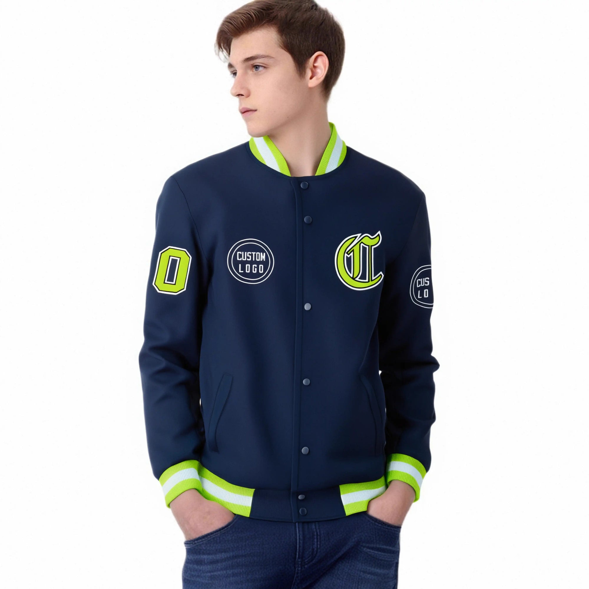 Custom Navy Neon Green-White Bomber Full-Snap Varsity Letterman Jacket