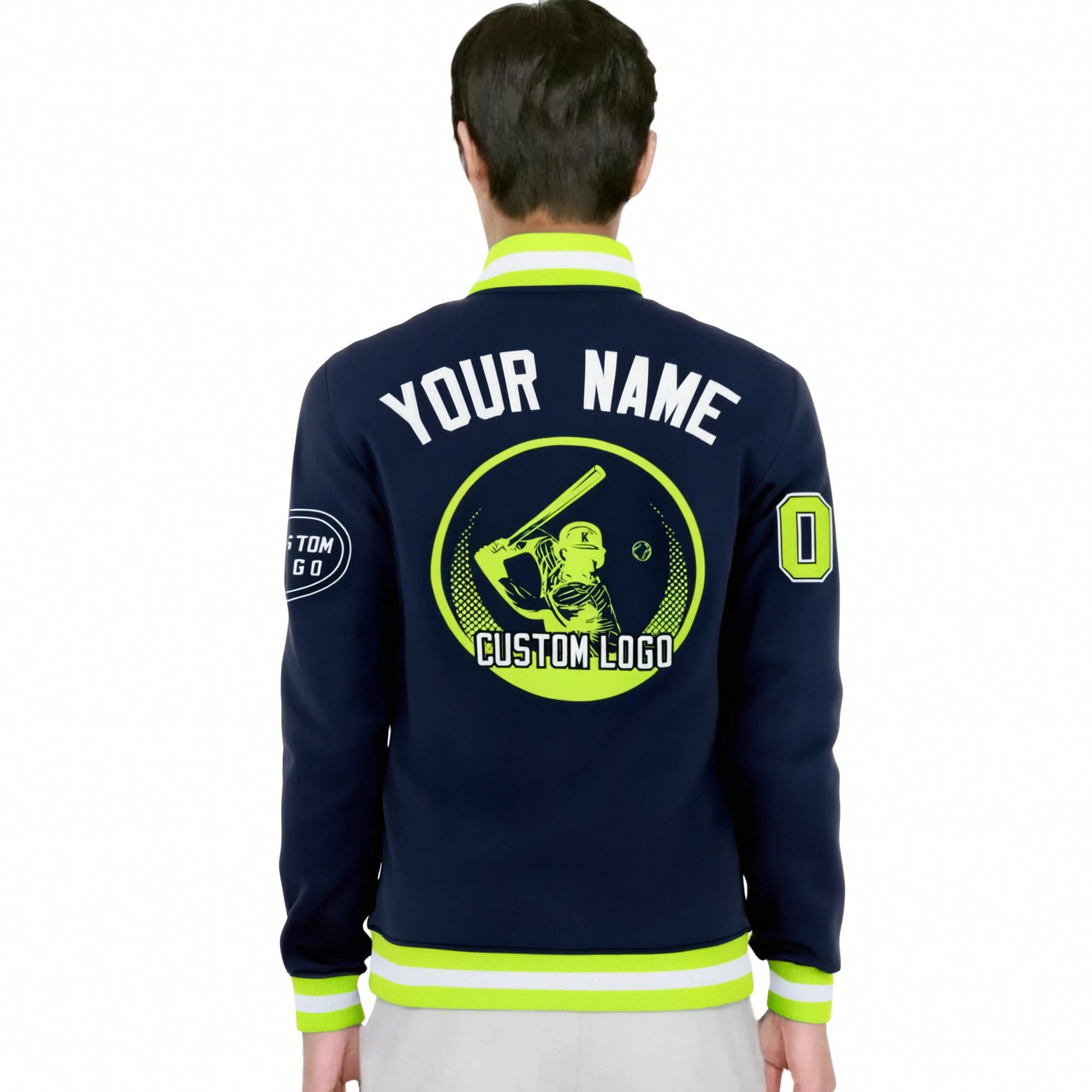 Custom Navy Neon Green-White Bomber Full-Snap Varsity Letterman Jacket