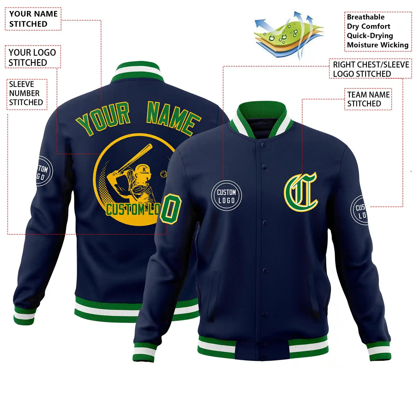 Custom Navy Green-White Bomber Full-Snap Varsity Letterman Jacket