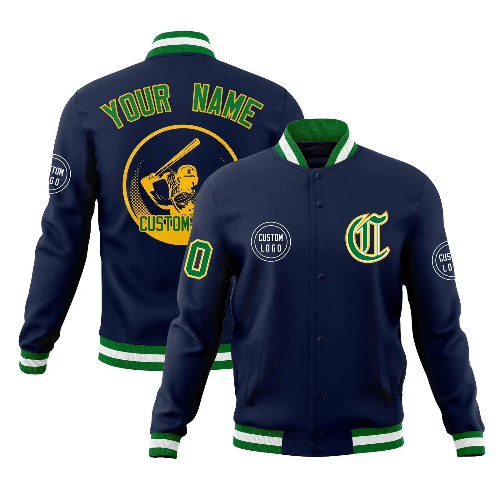 Custom Navy Green-White Bomber Full-Snap Varsity Letterman Jacket