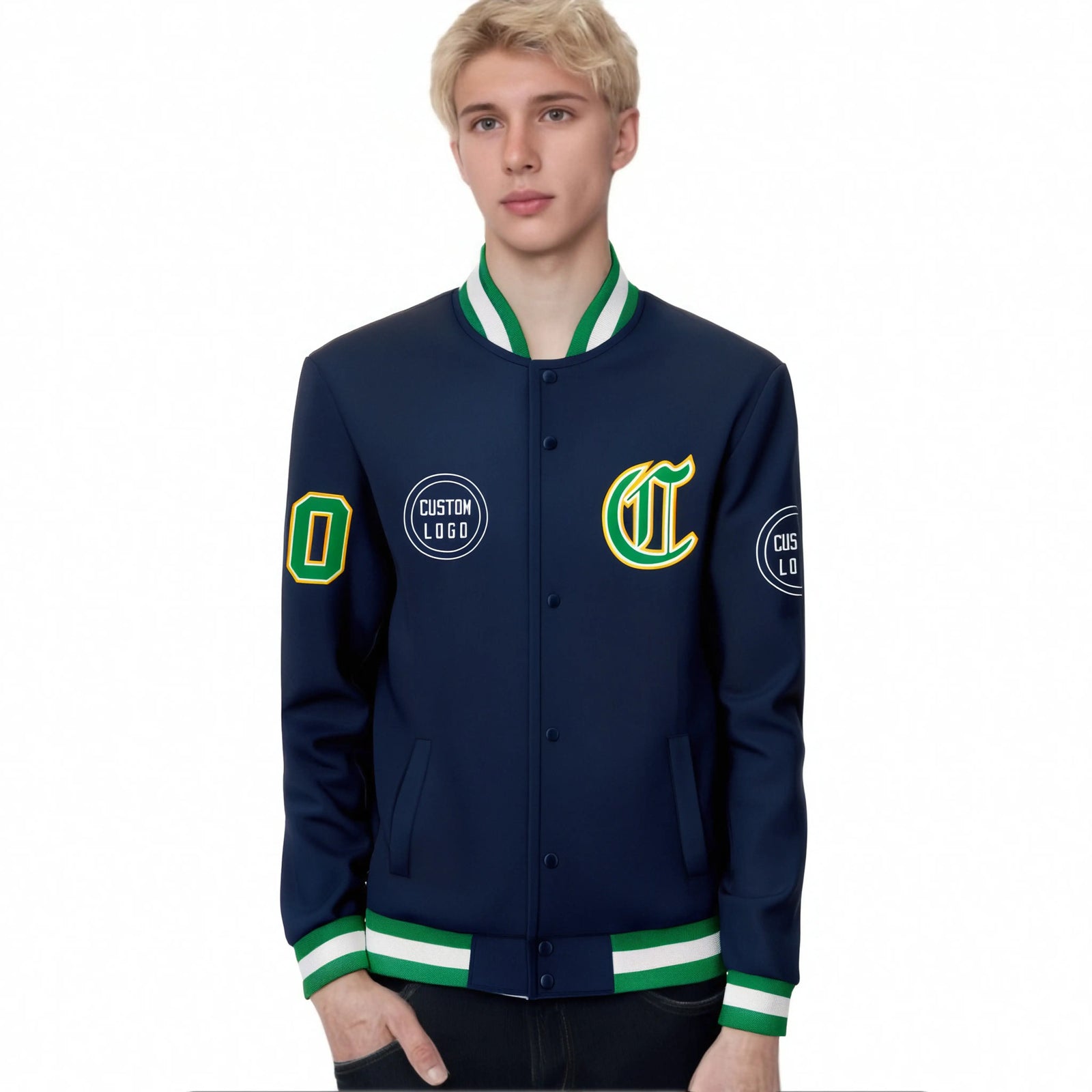 Custom Navy Green-White Bomber Full-Snap Varsity Letterman Jacket