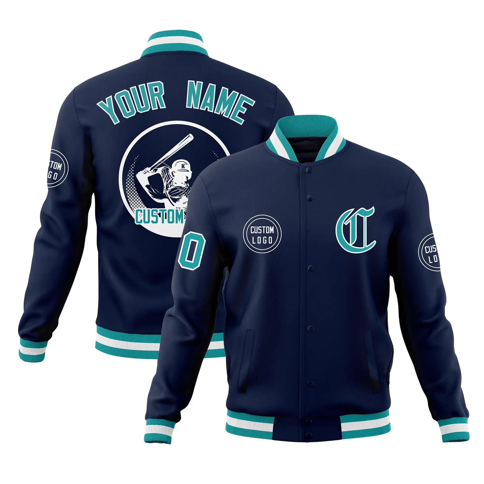 Custom Navy Aqua-White Bomber Full-Snap Varsity Letterman Jacket