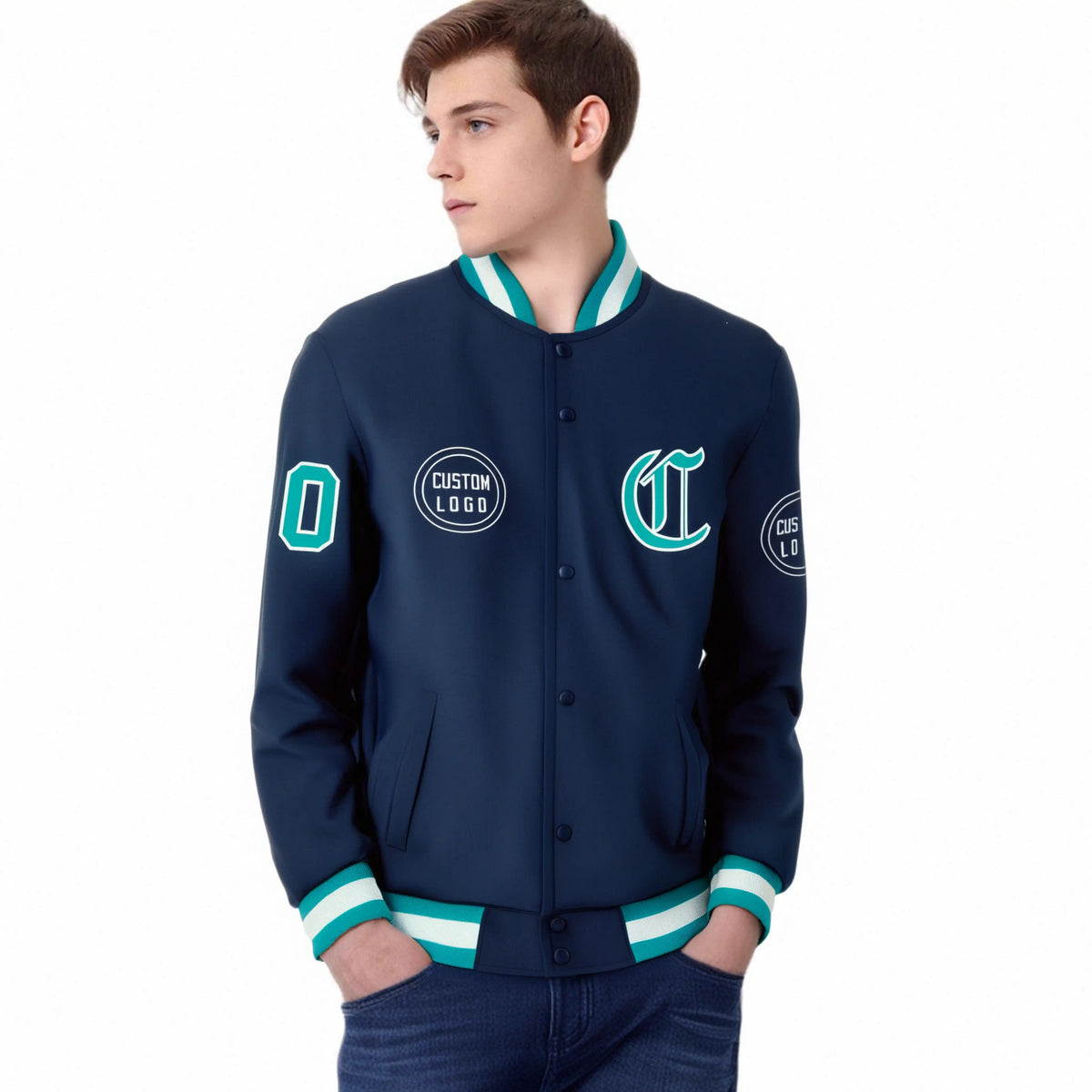 Custom Navy Aqua-White Bomber Full-Snap Varsity Letterman Jacket