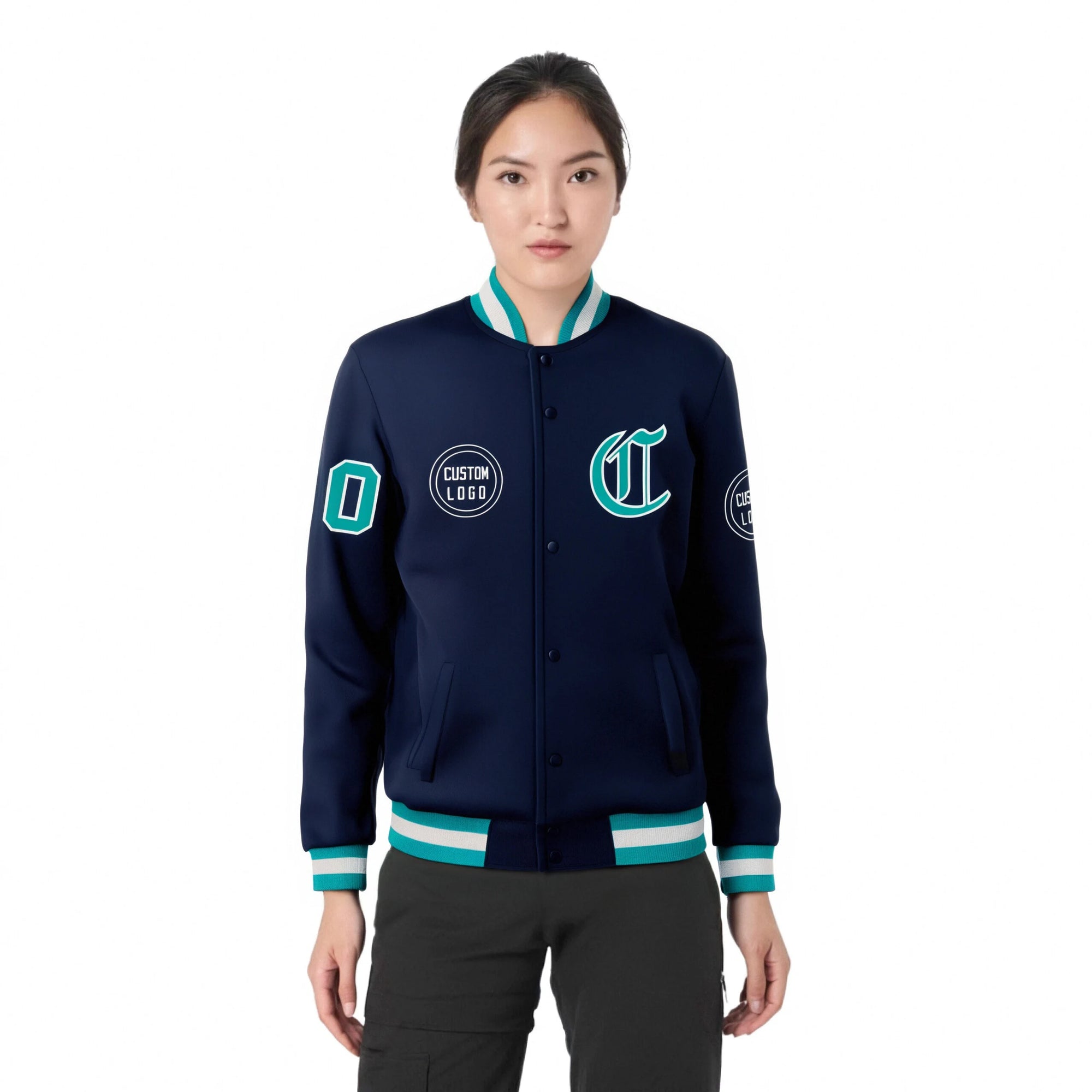 Custom Navy Aqua-White Bomber Full-Snap Varsity Letterman Jacket