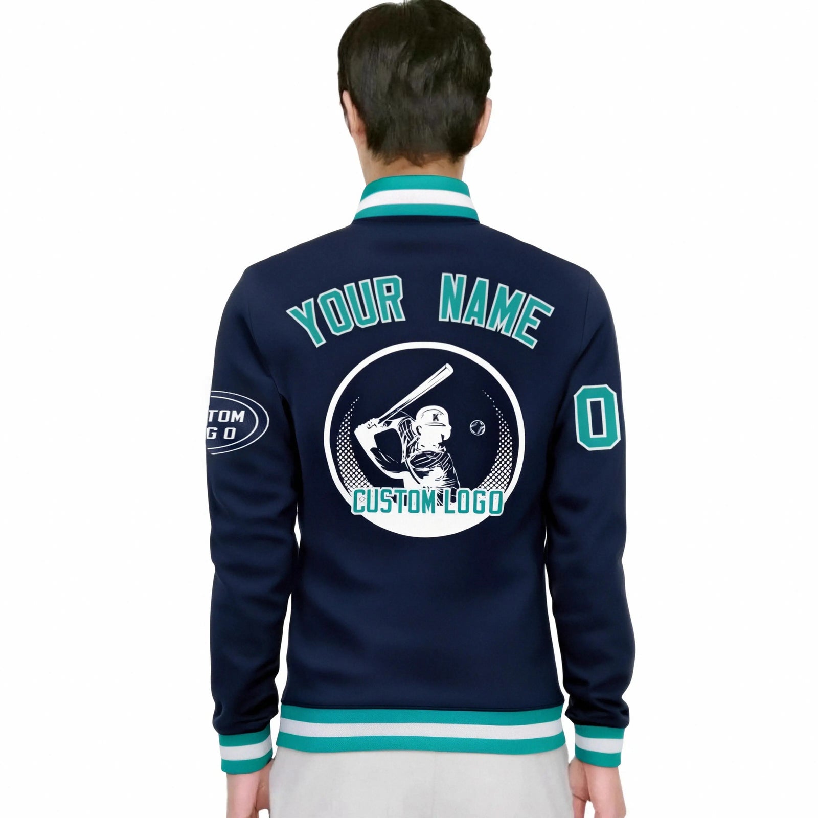 Custom Navy Aqua-White Bomber Full-Snap Varsity Letterman Jacket
