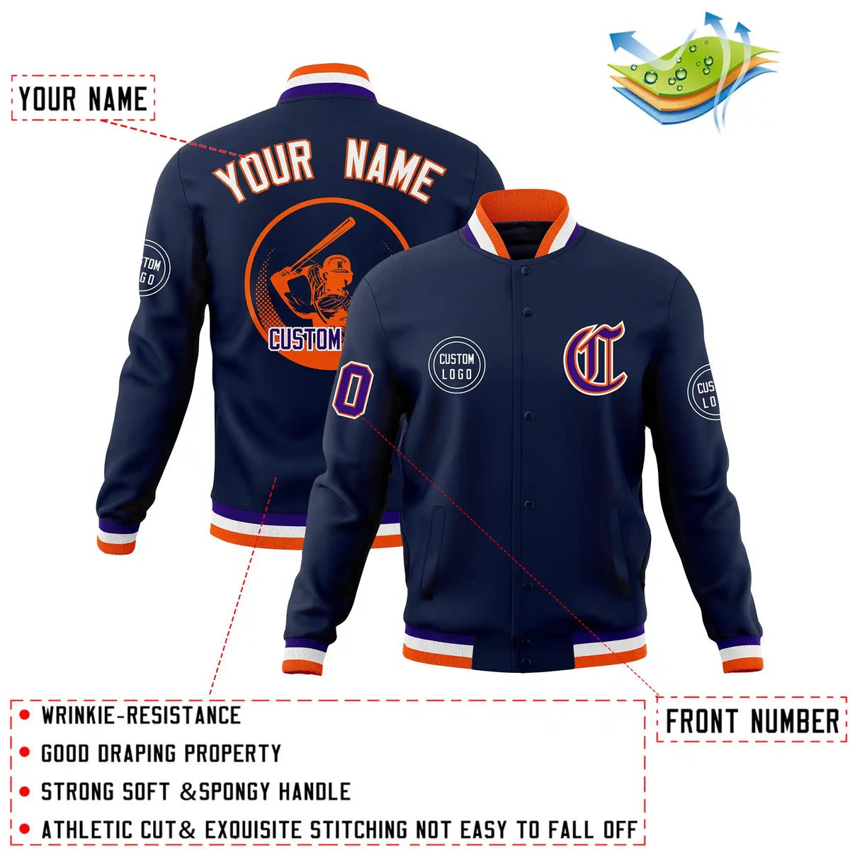 Custom Navy Orange-White Bomber Full-Snap Varsity Letterman Jacket