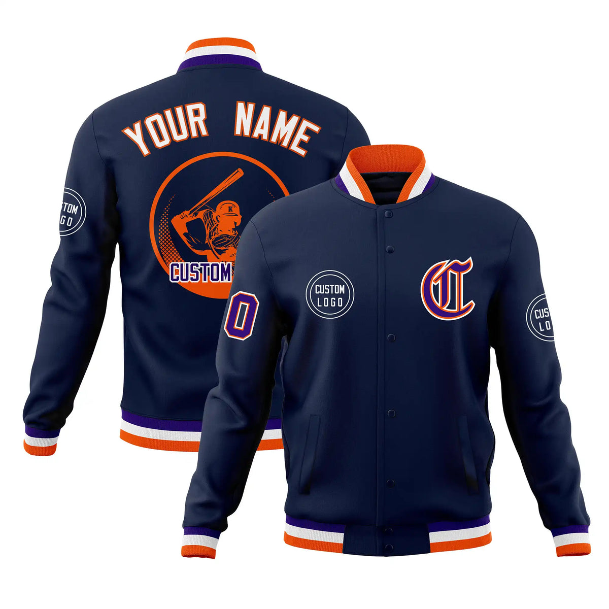 Custom Navy Orange-White Bomber Full-Snap Varsity Letterman Jacket