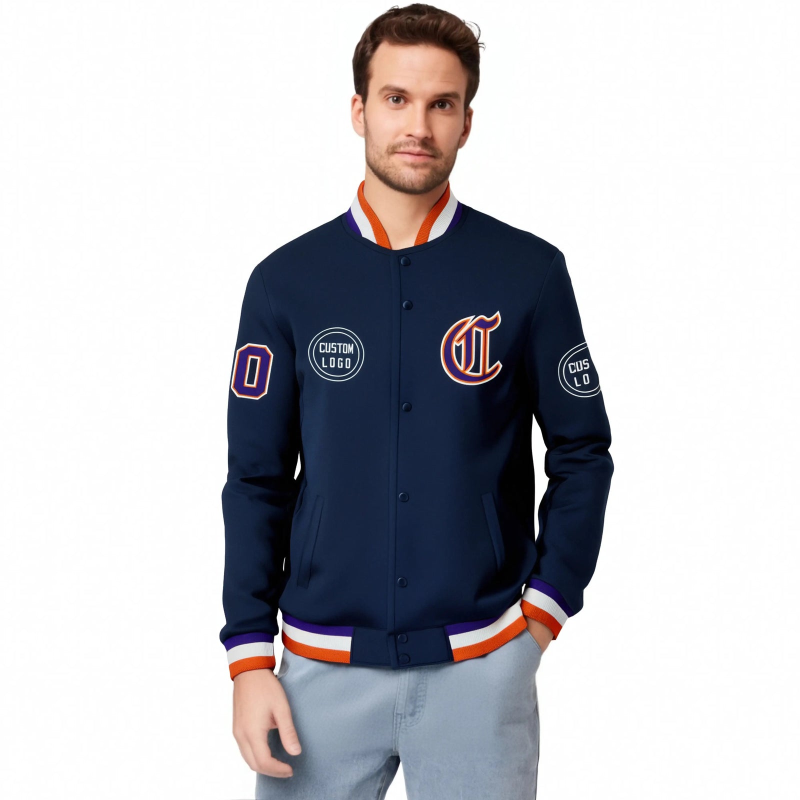 Custom Navy Orange-White Bomber Full-Snap Varsity Letterman Jacket