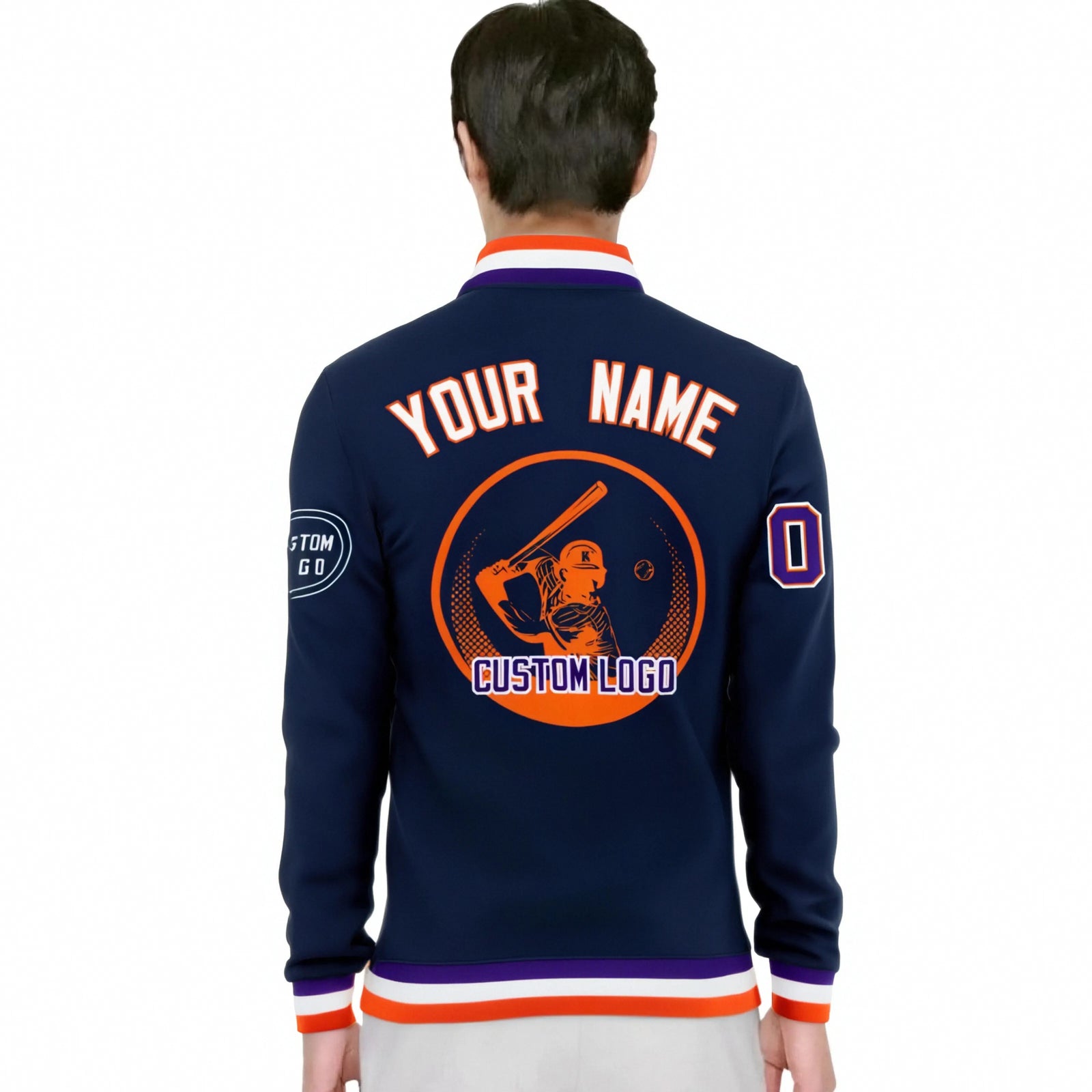 Custom Navy Orange-White Bomber Full-Snap Varsity Letterman Jacket