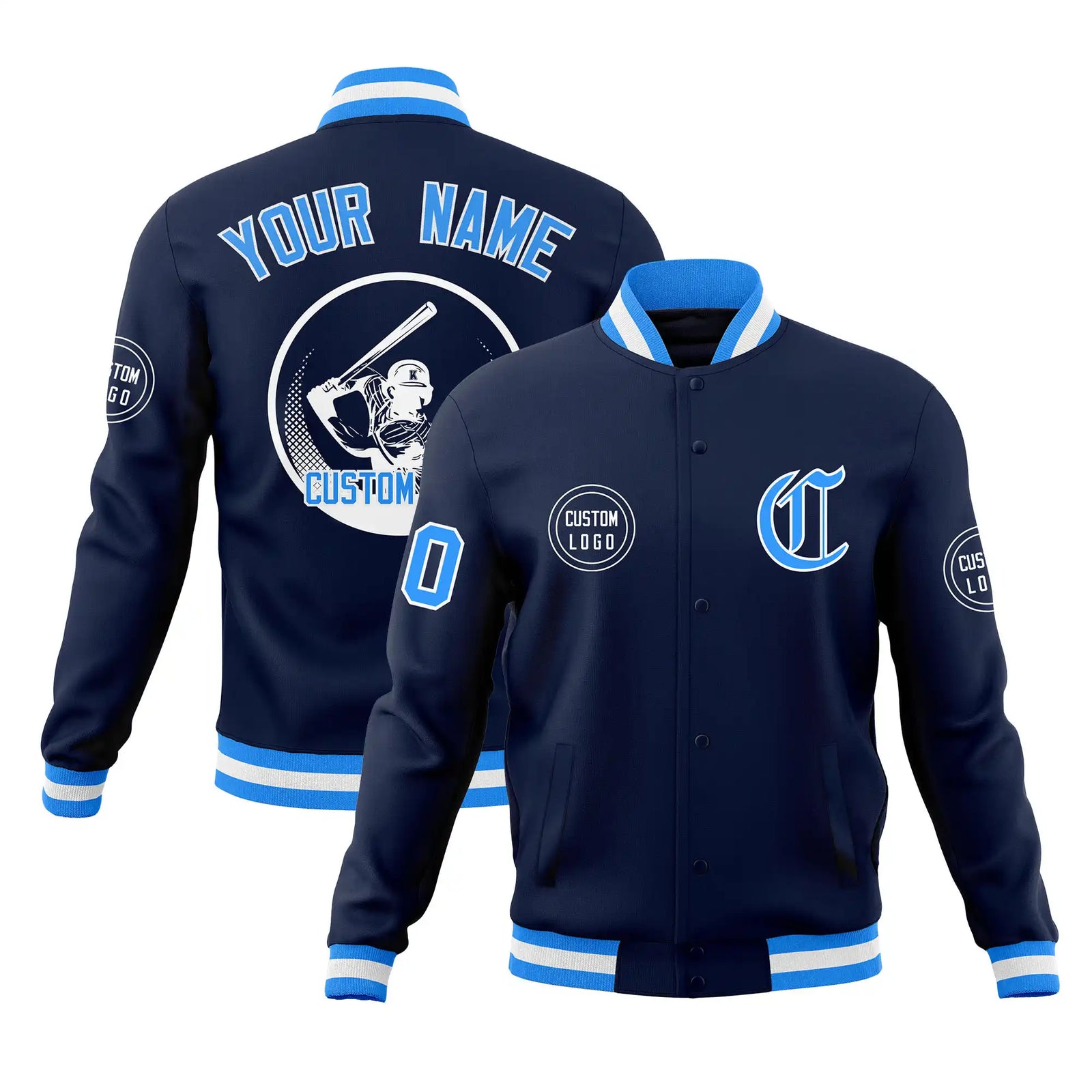Custom Navy Powder Blue-White Bomber Full-Snap Varsity Letterman Jacket