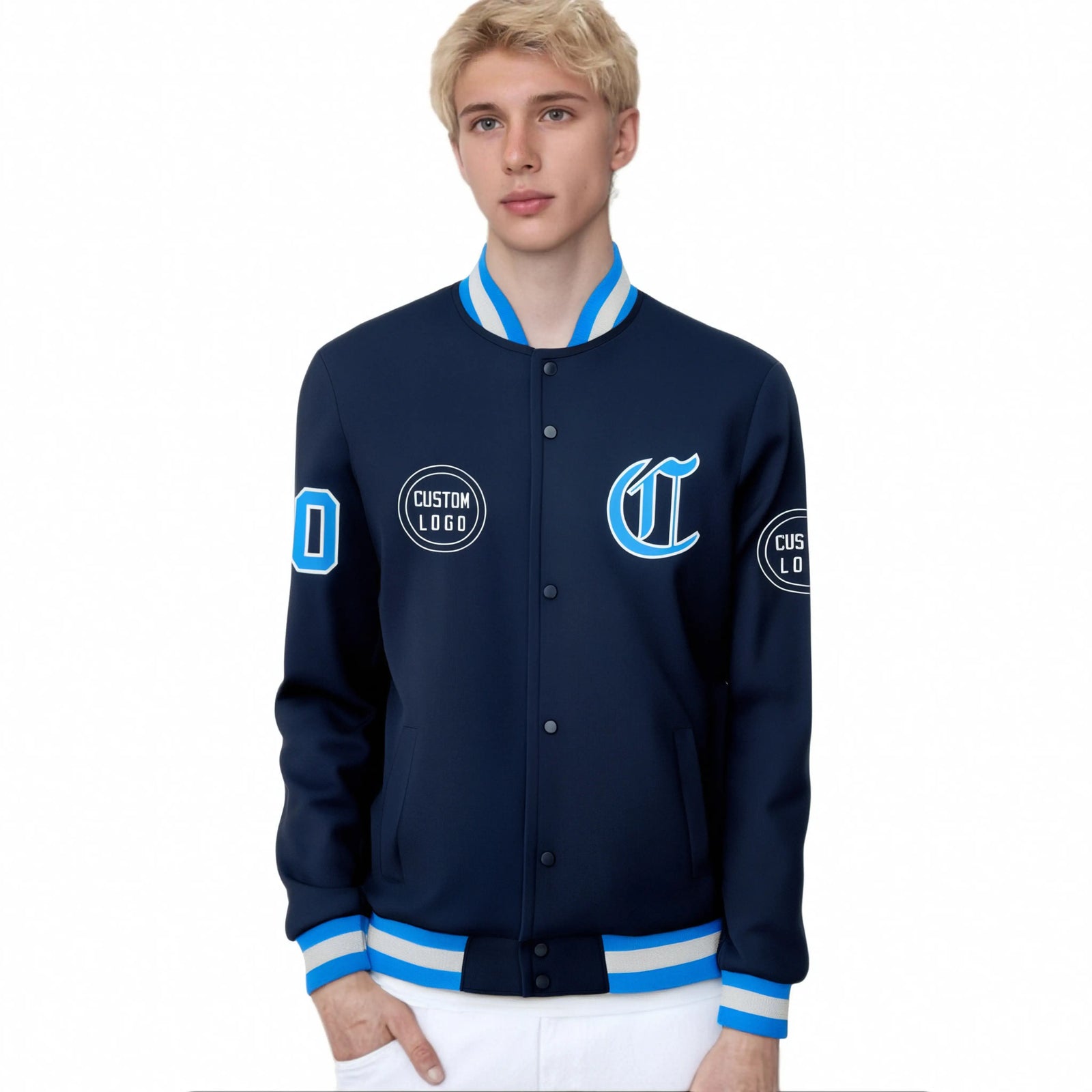 Custom Navy Powder Blue-White Bomber Full-Snap Varsity Letterman Jacket