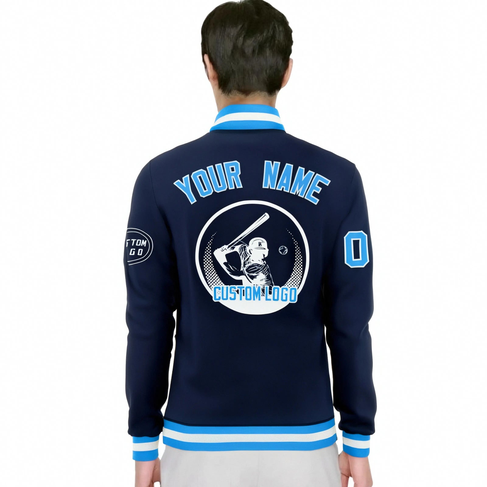 Custom Navy Powder Blue-White Bomber Full-Snap Varsity Letterman Jacket