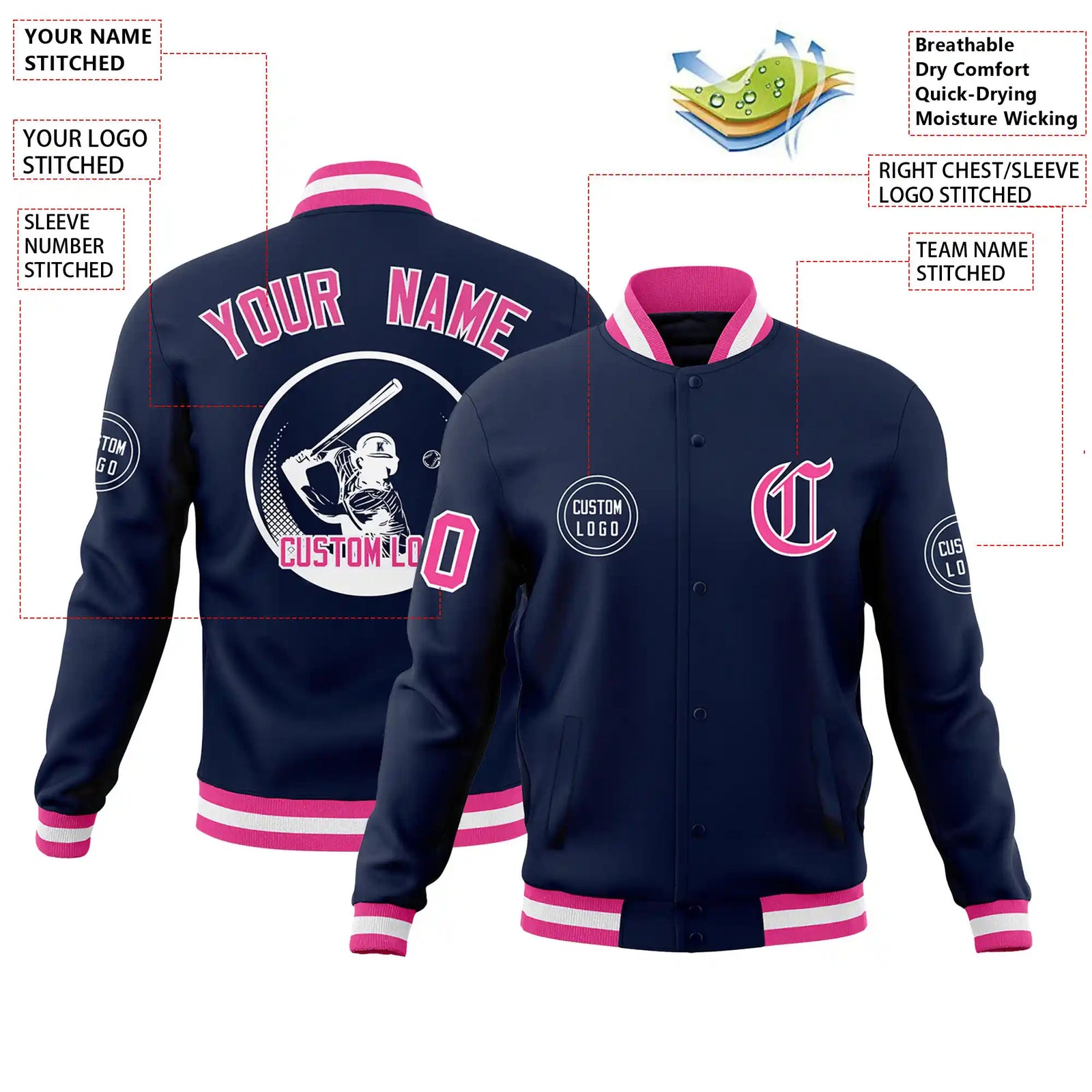 Custom Navy Pink-White Bomber Full-Snap Varsity Letterman Jacket