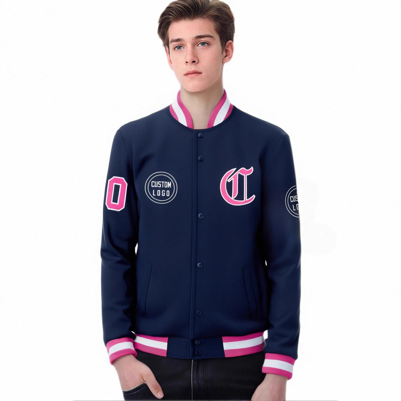 Custom Navy Pink-White Bomber Full-Snap Varsity Letterman Jacket